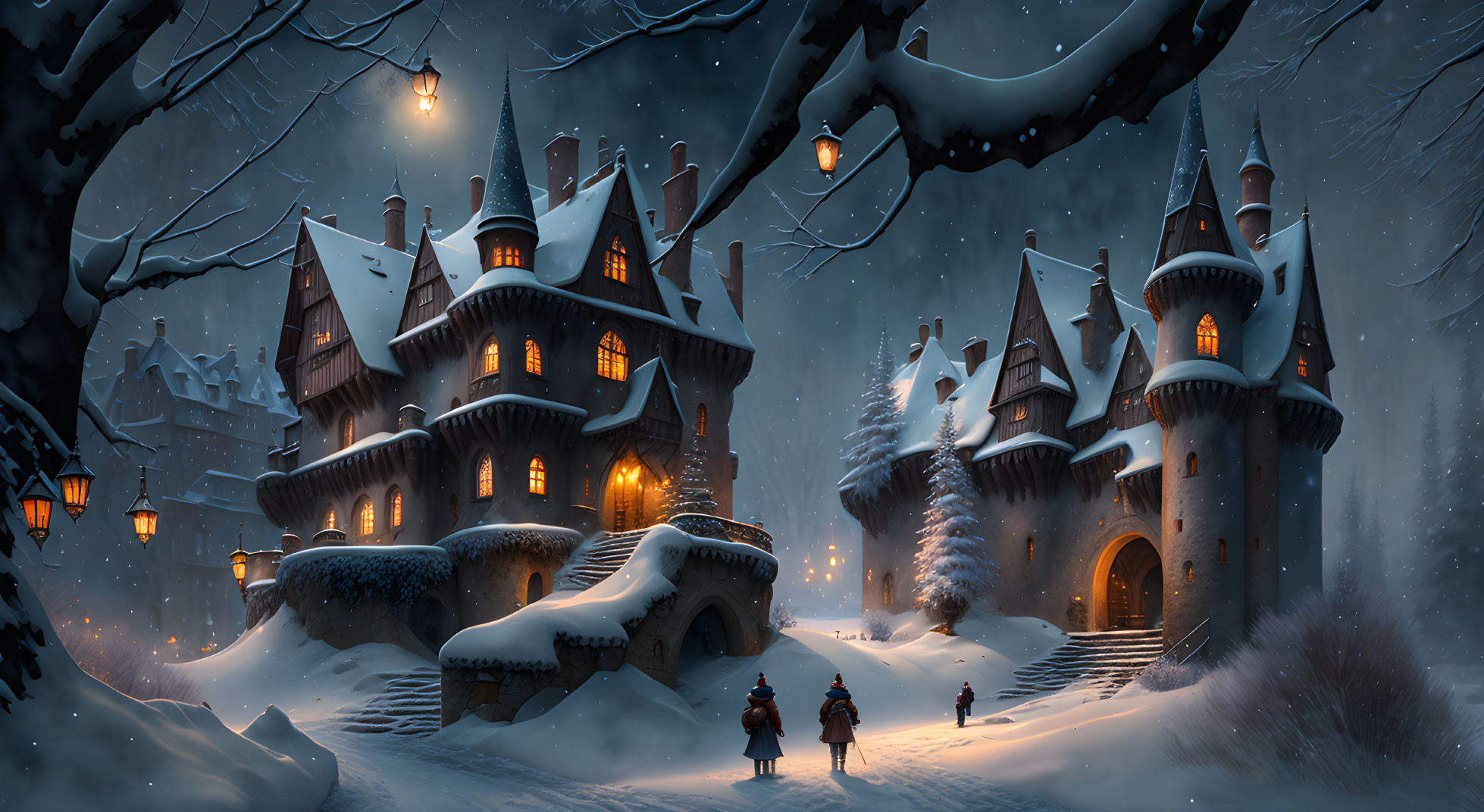 Snow-covered fantasy houses and moonlit sky in magical winter night scene