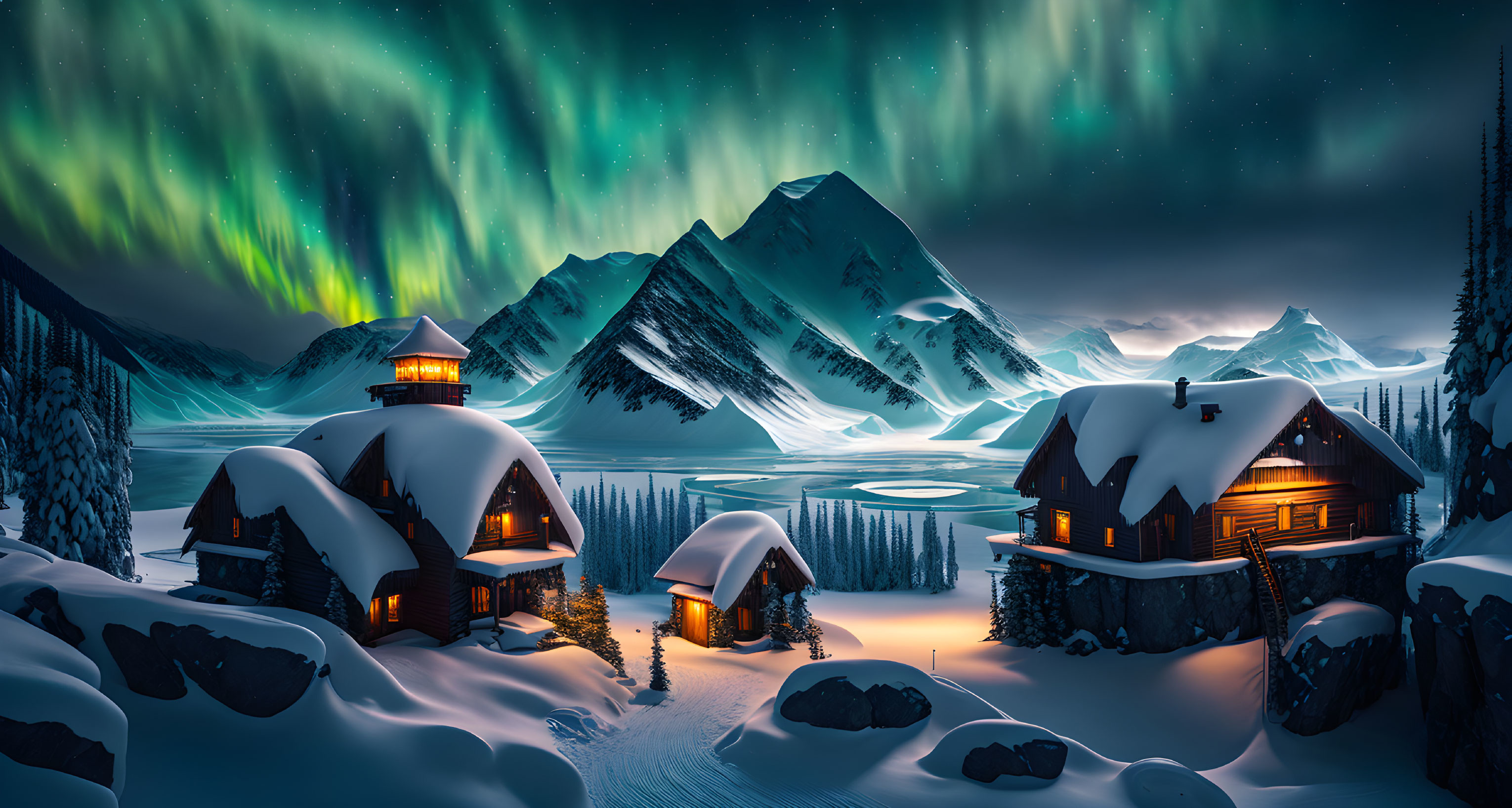 Winter cabins under aurora borealis in mountain setting