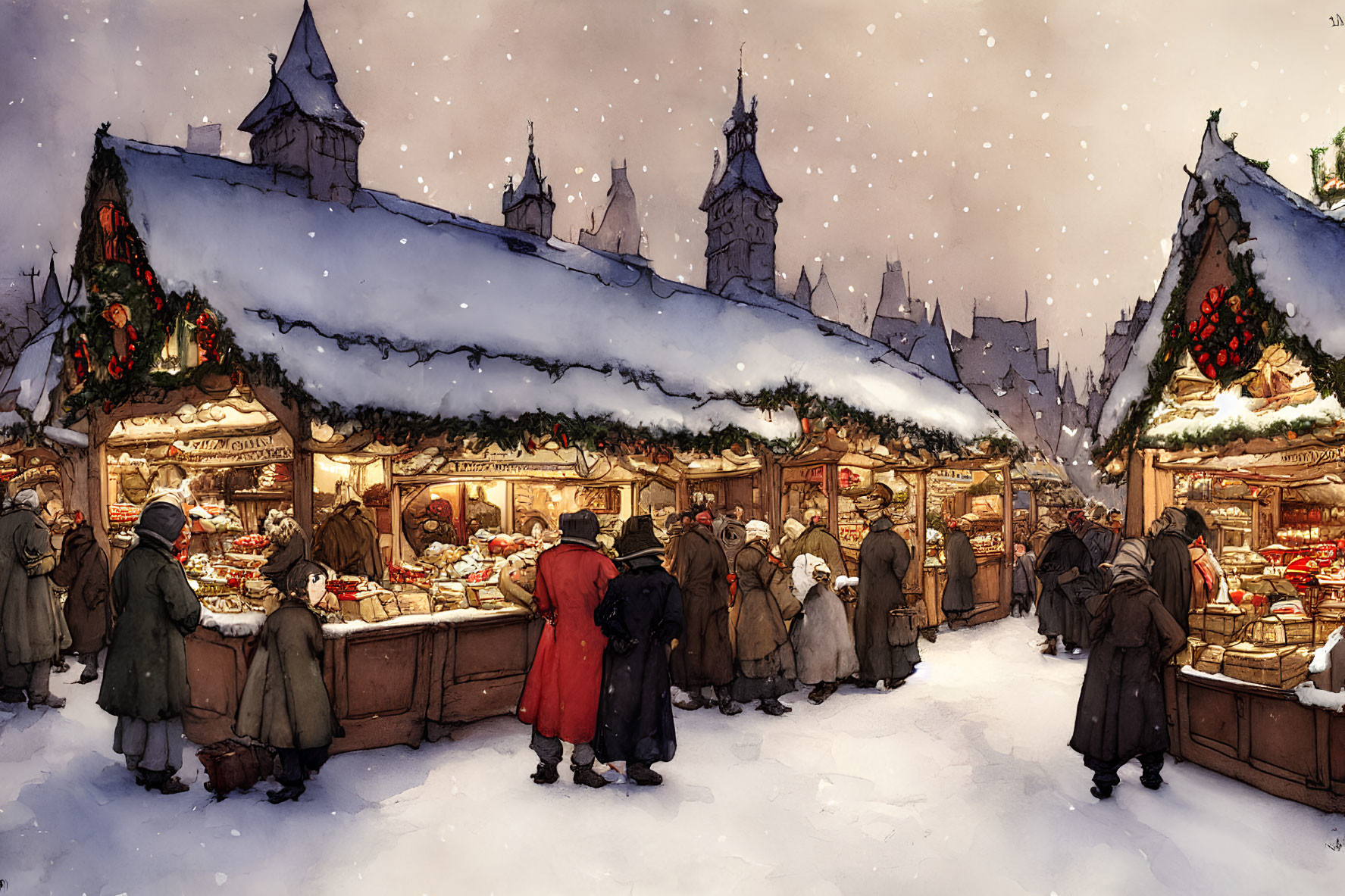 Christmas market scene with festive stalls and snowfall