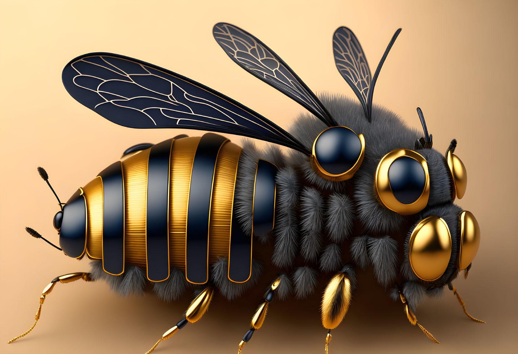 Detailed Digital Illustration of Metallic Gold and Black Striped Bee