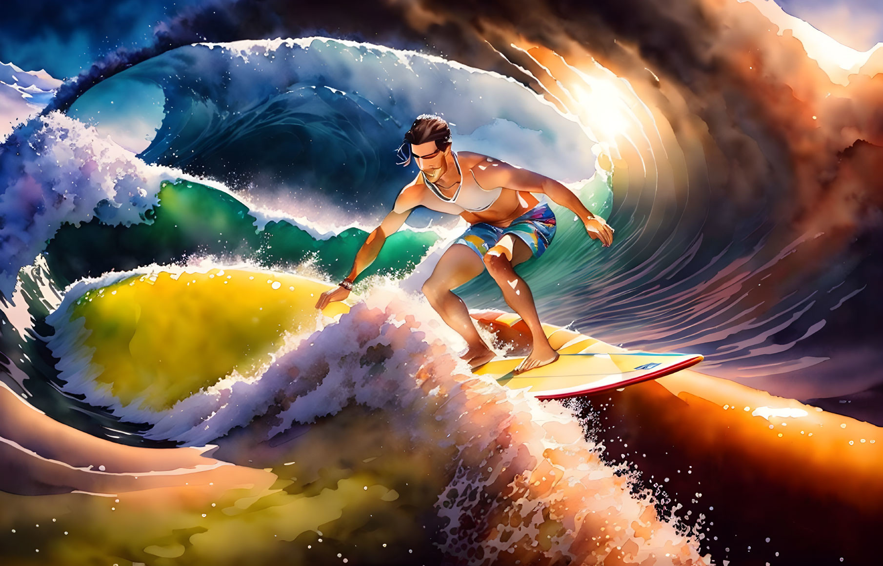 Colorful Surfing Man Illustration with Dynamic Wave and Sunset Palette