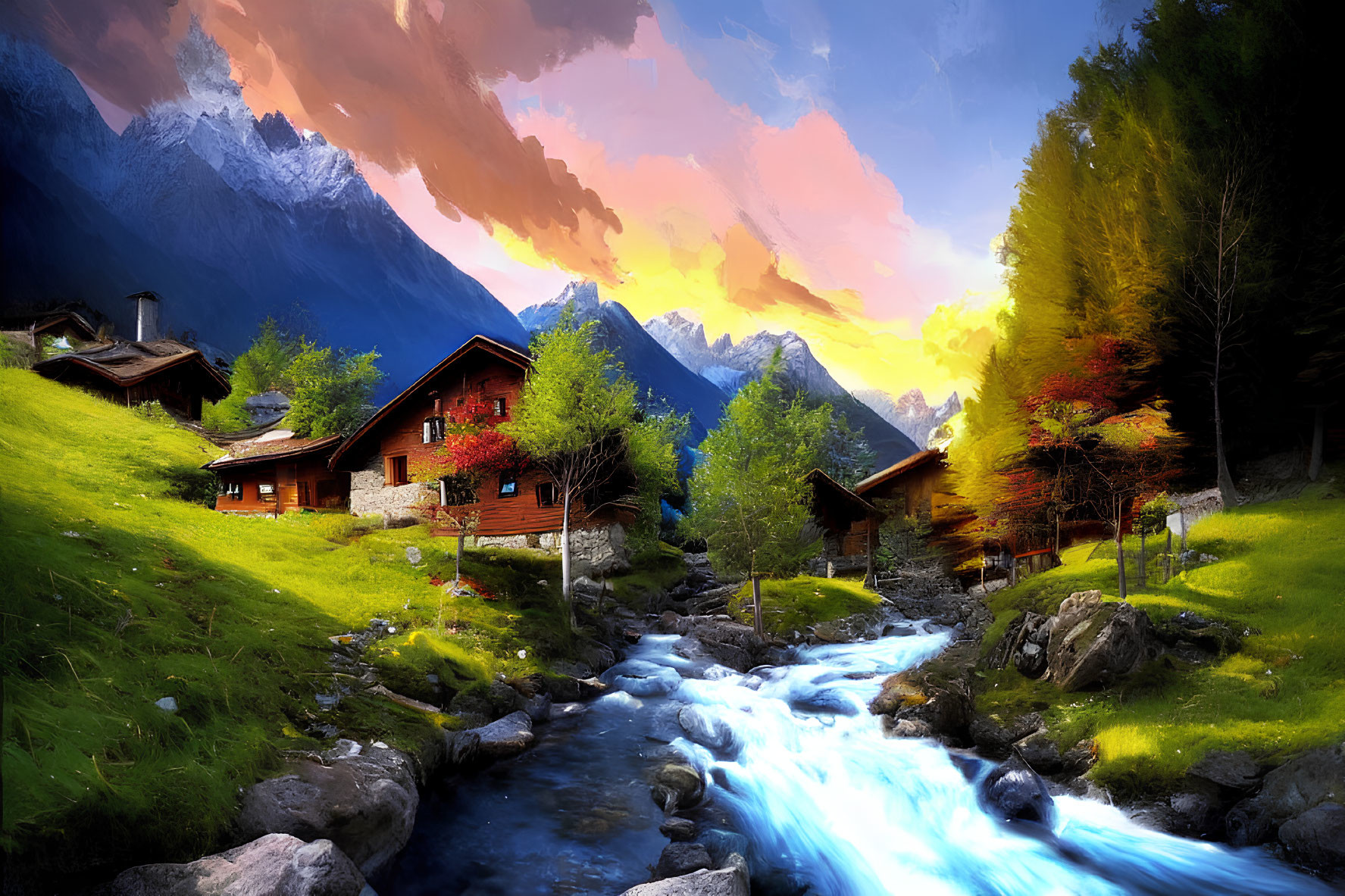 Scenic Mountain Village with Chalets by Blue Stream