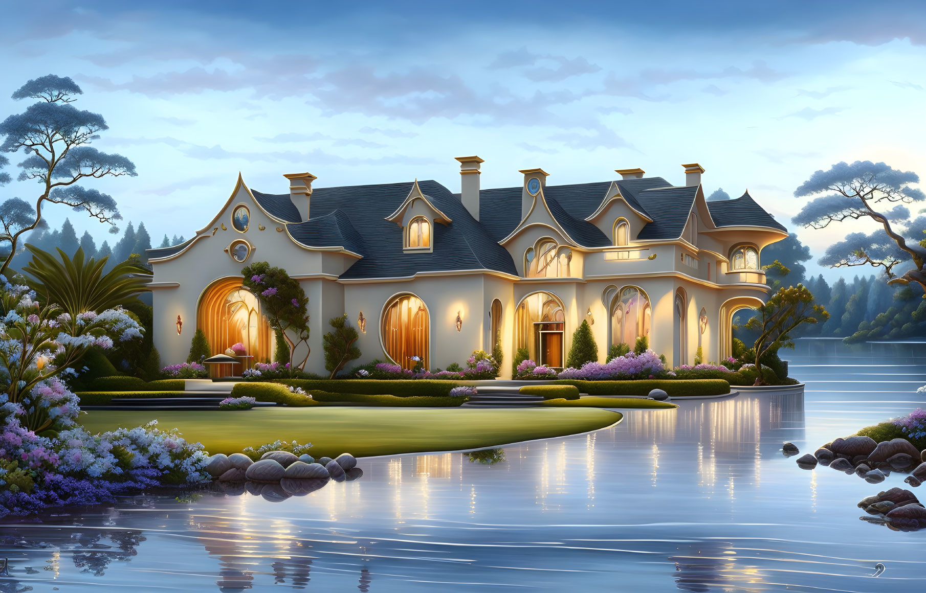 Illuminated Villa with Gables in Manicured Garden at Dusk