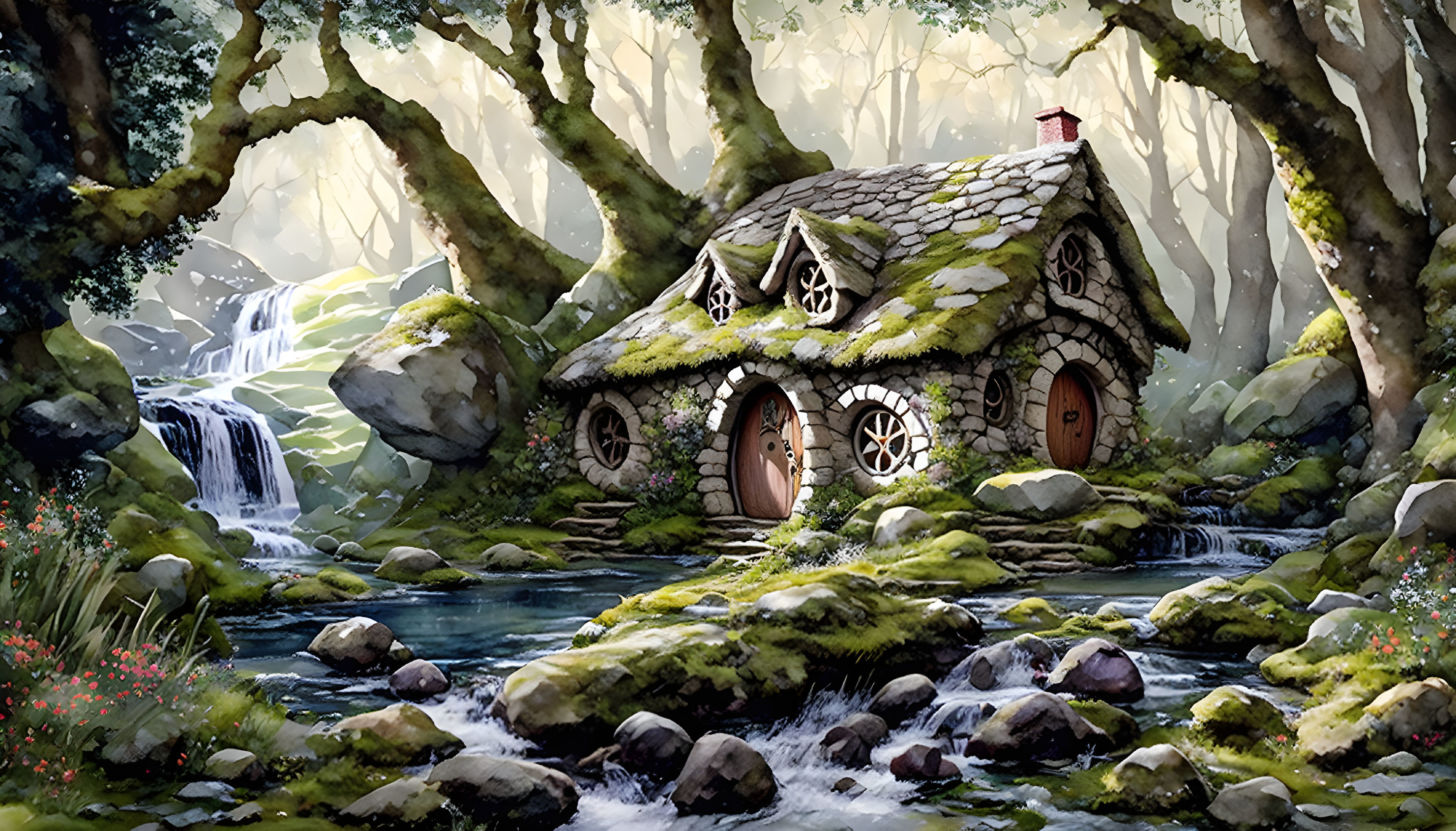 Thatched roof stone cottage in serene forest with waterfall and stream