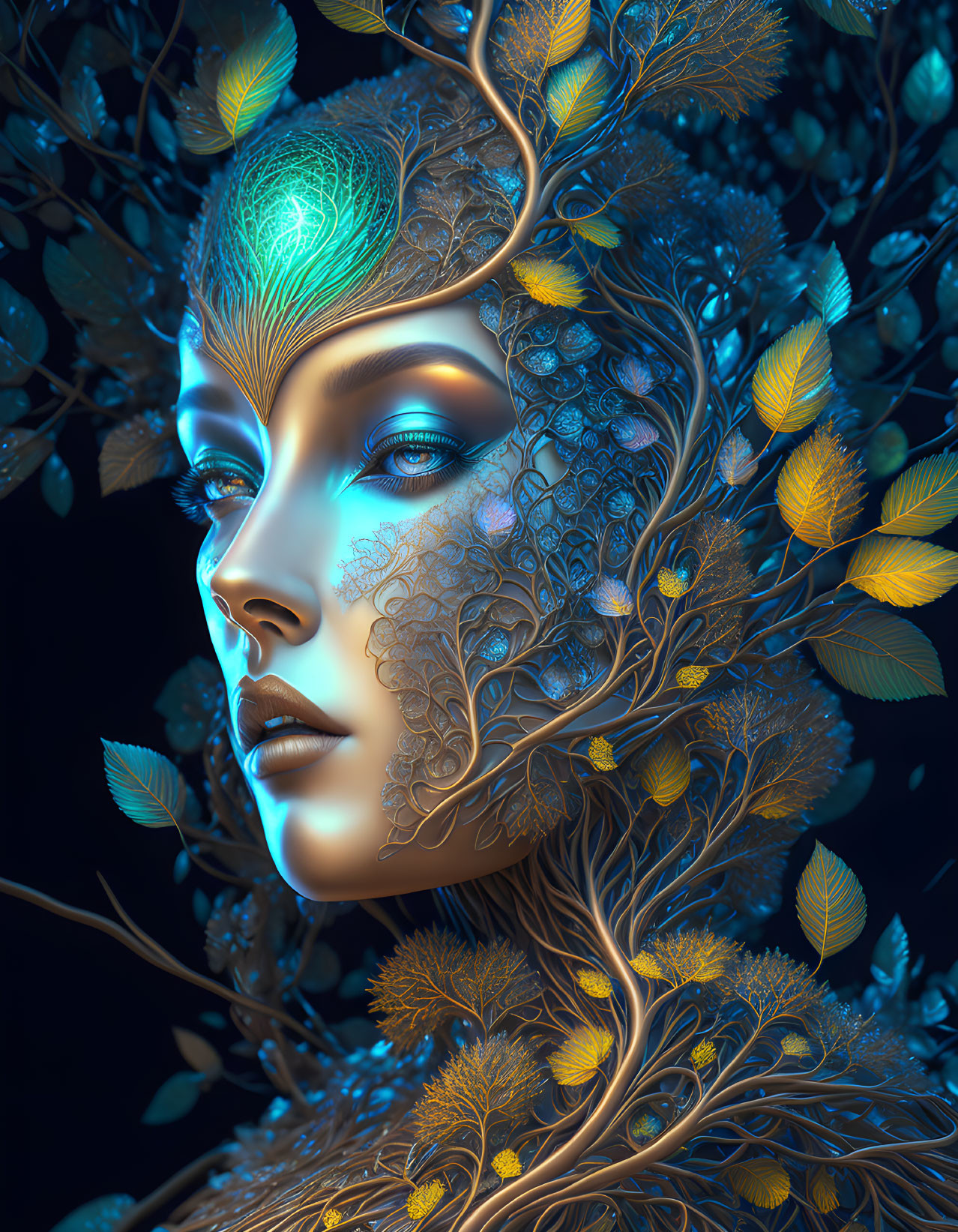 Detailed Artwork: Woman with Metallic Complexion and Nature-Inspired Adornments