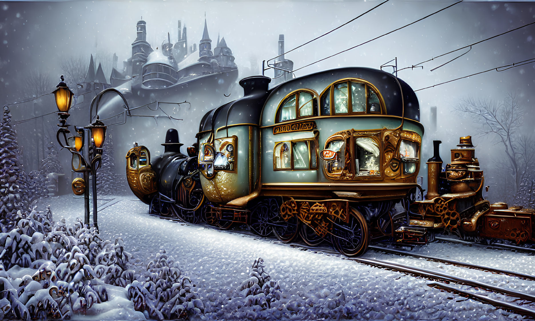 Vintage "Polar Express" train on snowy track with castle backdrop