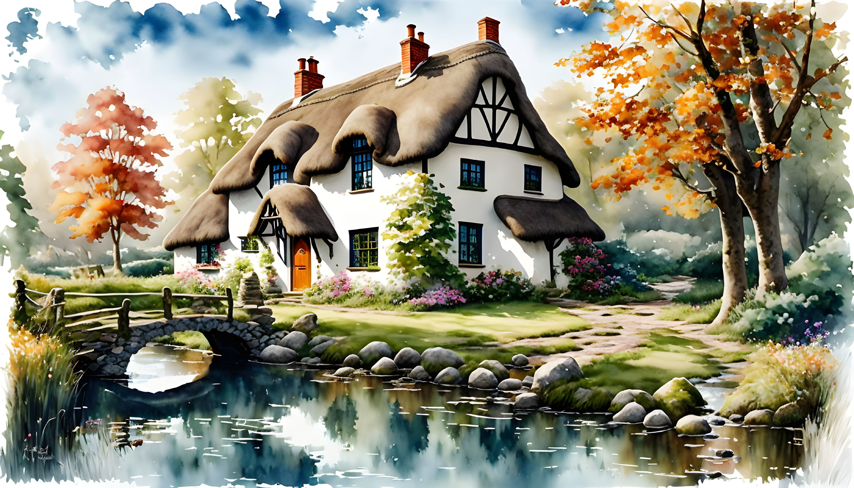 Thatched Cottage Surrounded by Autumn Trees and Pond