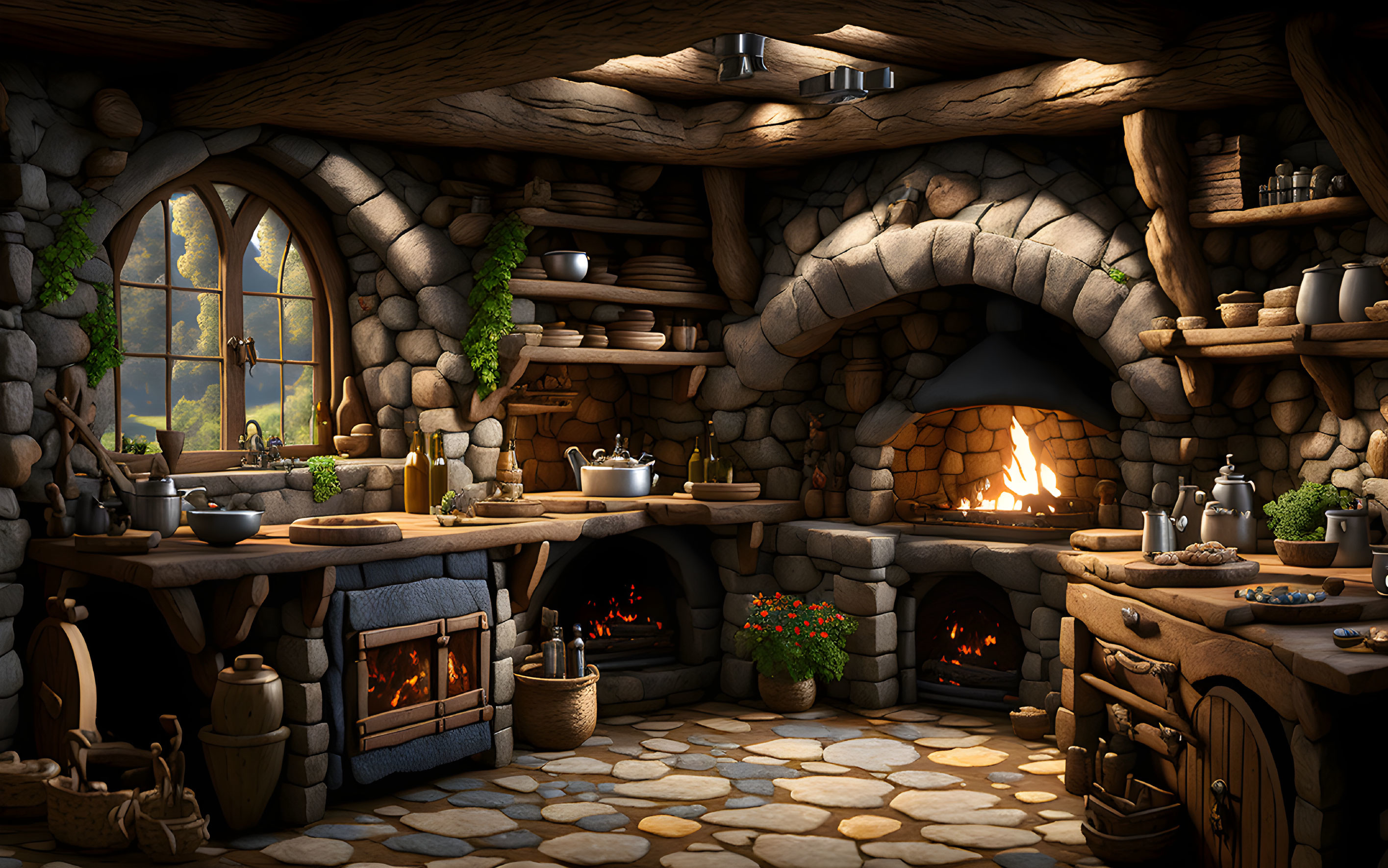 Rustic kitchen interior with stone walls, fireplace, wooden beams