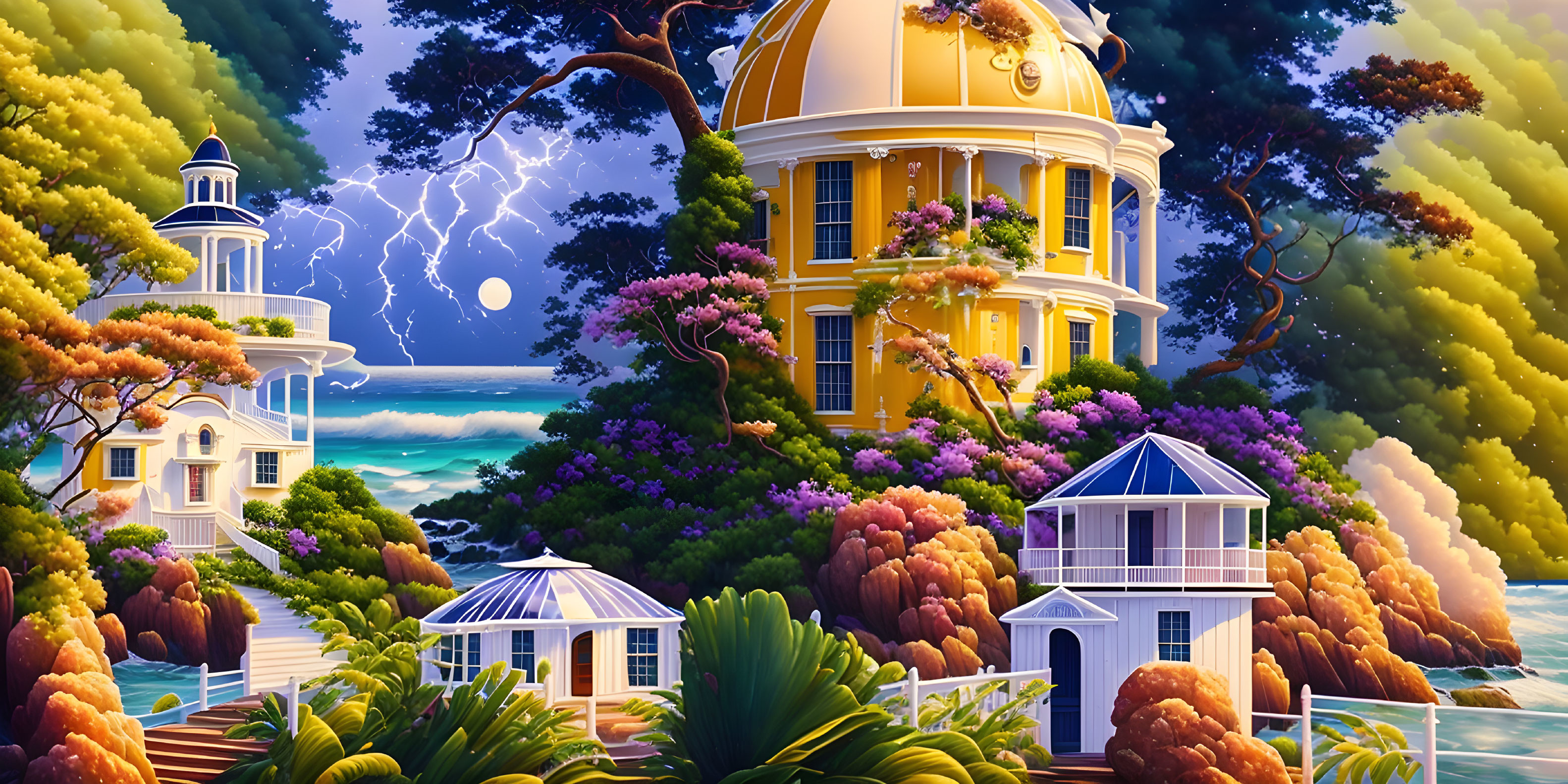 Vibrant illustration: majestic yellow building, lush trees, lightning, coastal views.