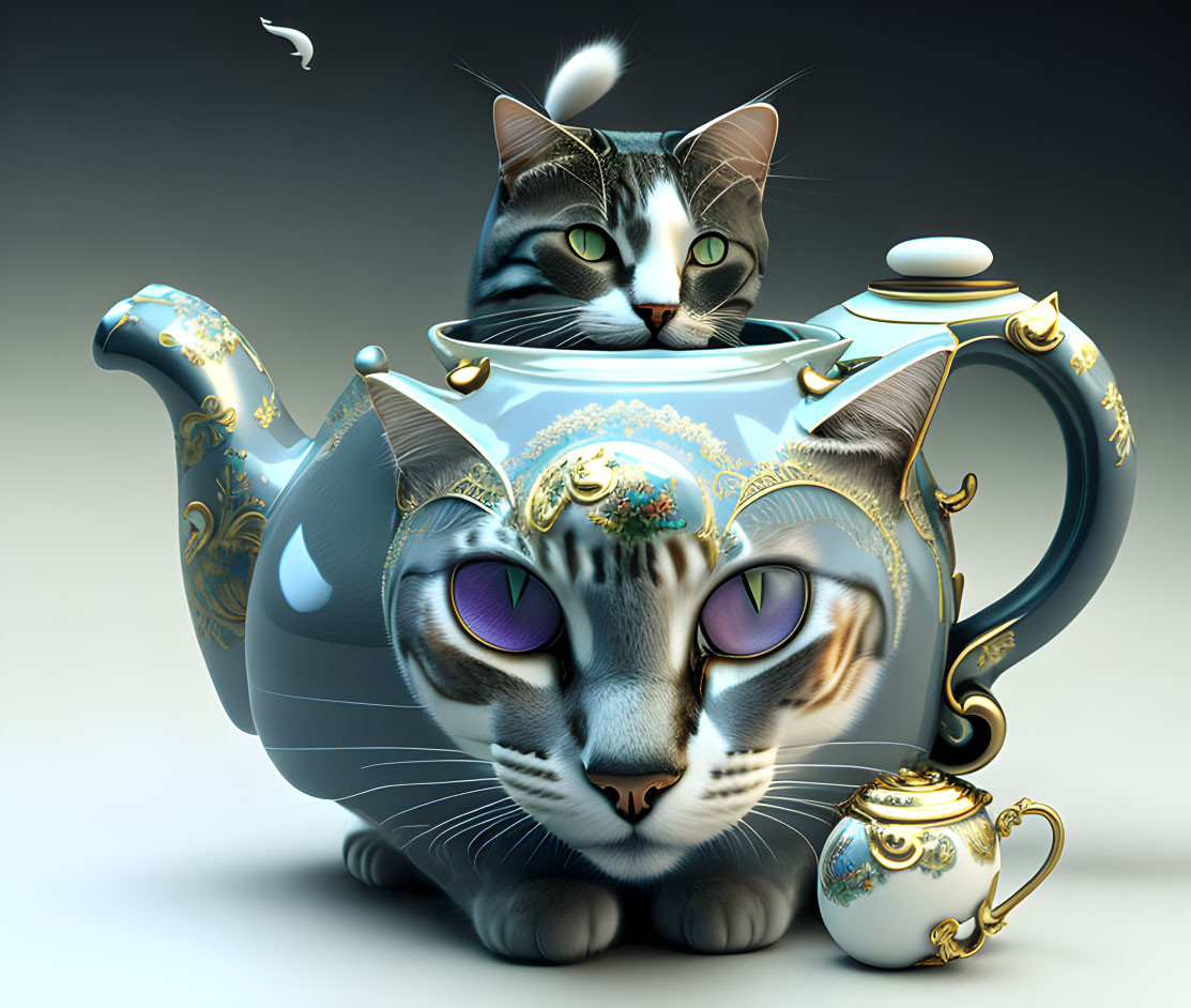 Digital Artwork: Tabby Cat and Teapot Fusion with Bird and Cup