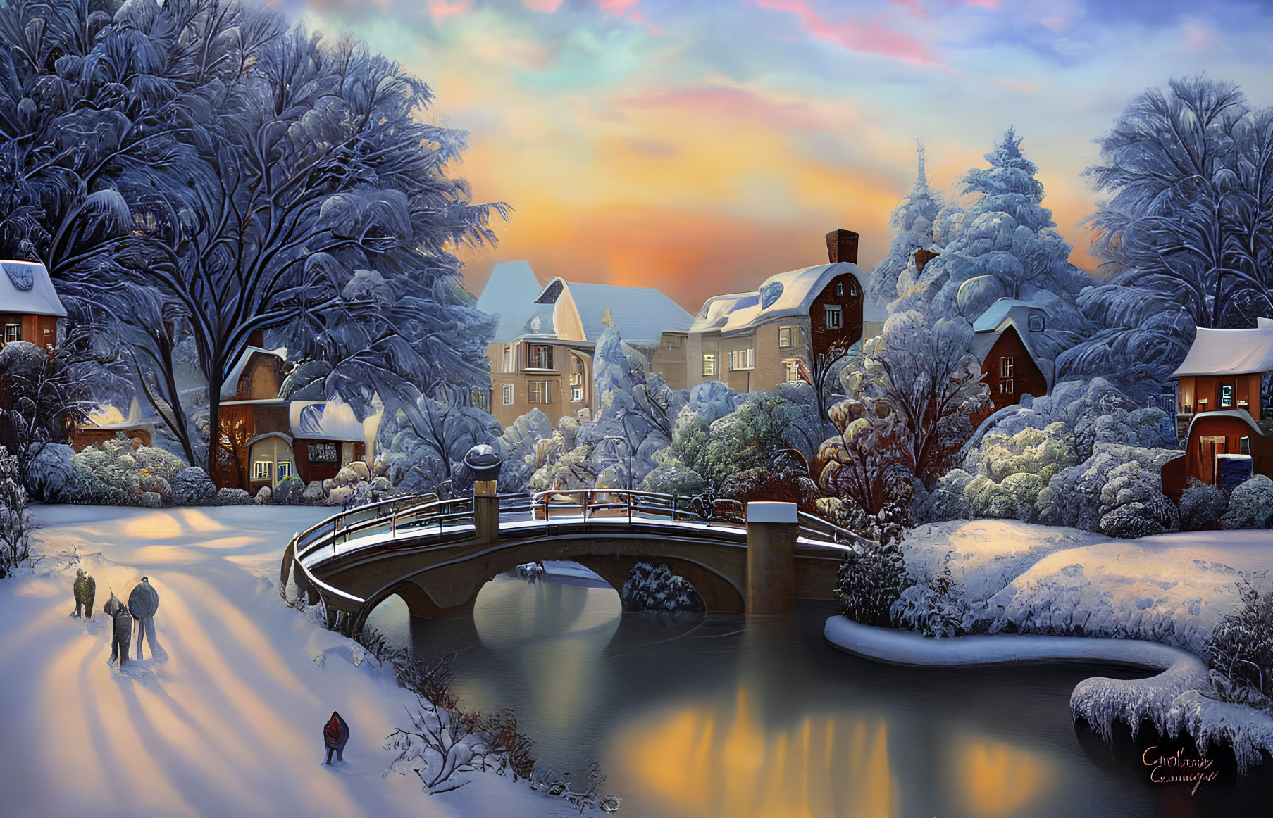 Snow-covered winter landscape with frozen river, bridge, houses, and sunset.