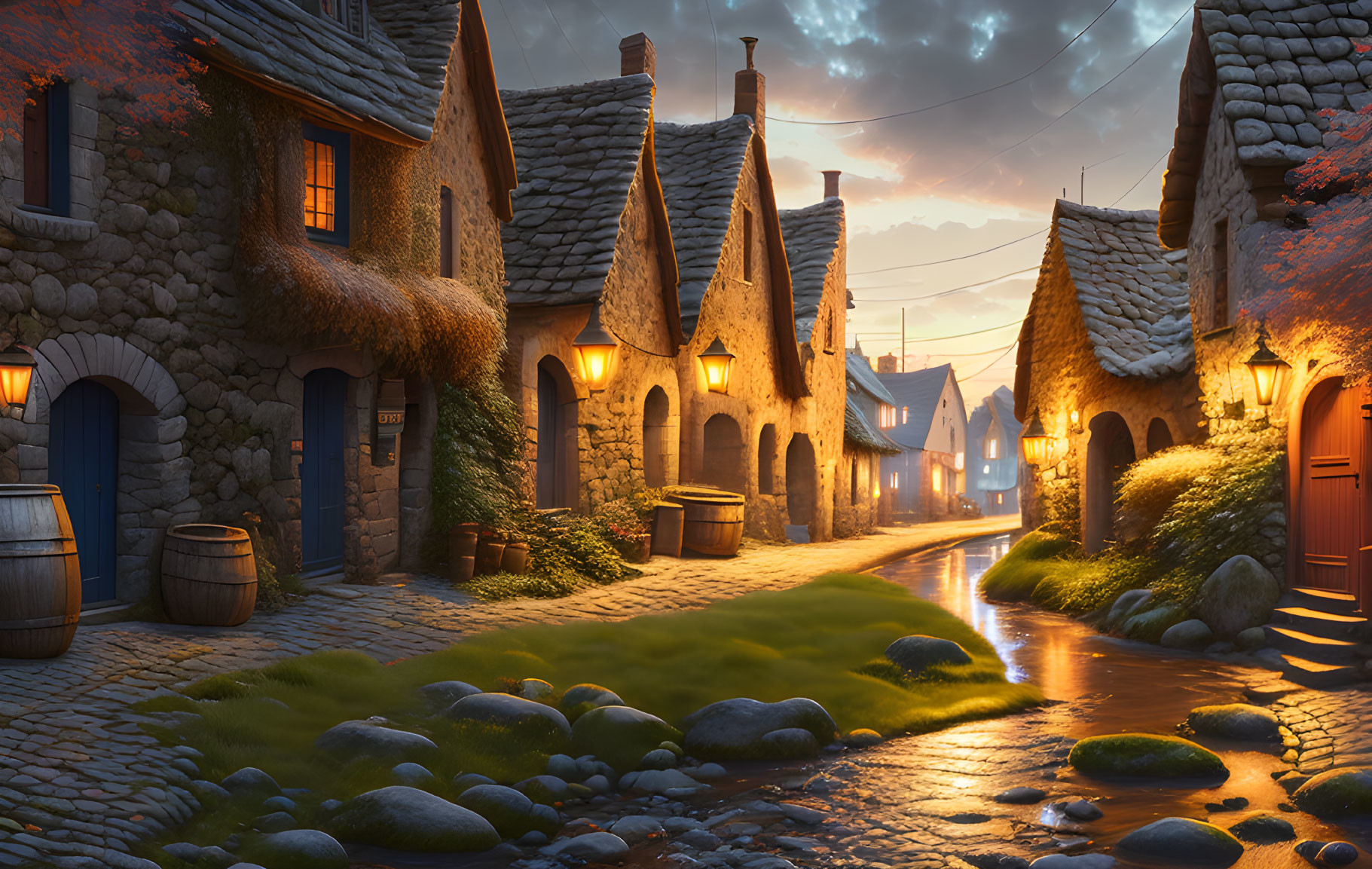 Picturesque cobblestone street with thatched-roof cottages, street lamps, and reflective stream