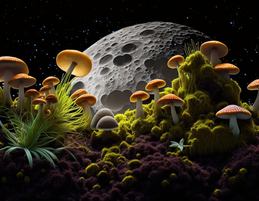 Surreal landscape with luminescent mushrooms, mossy hills, and large moon