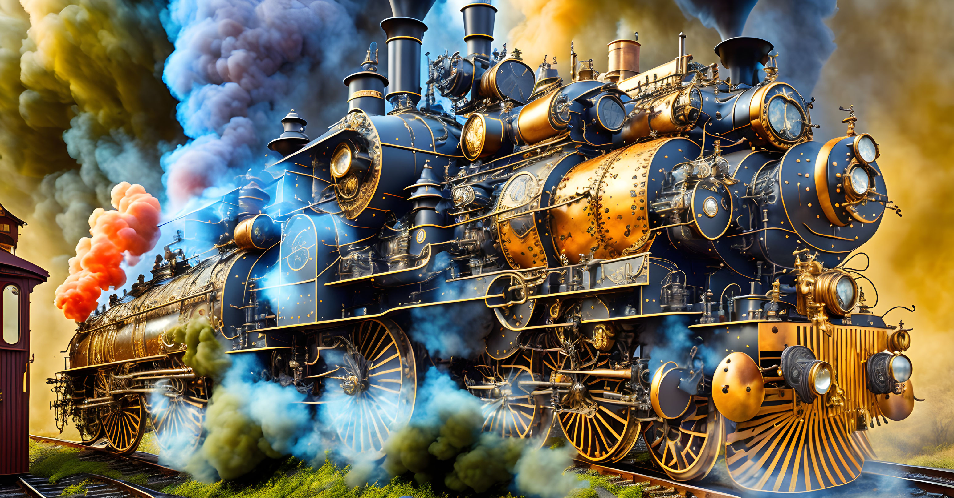 Vintage steam locomotives racing under dramatic sky with colorful smoke