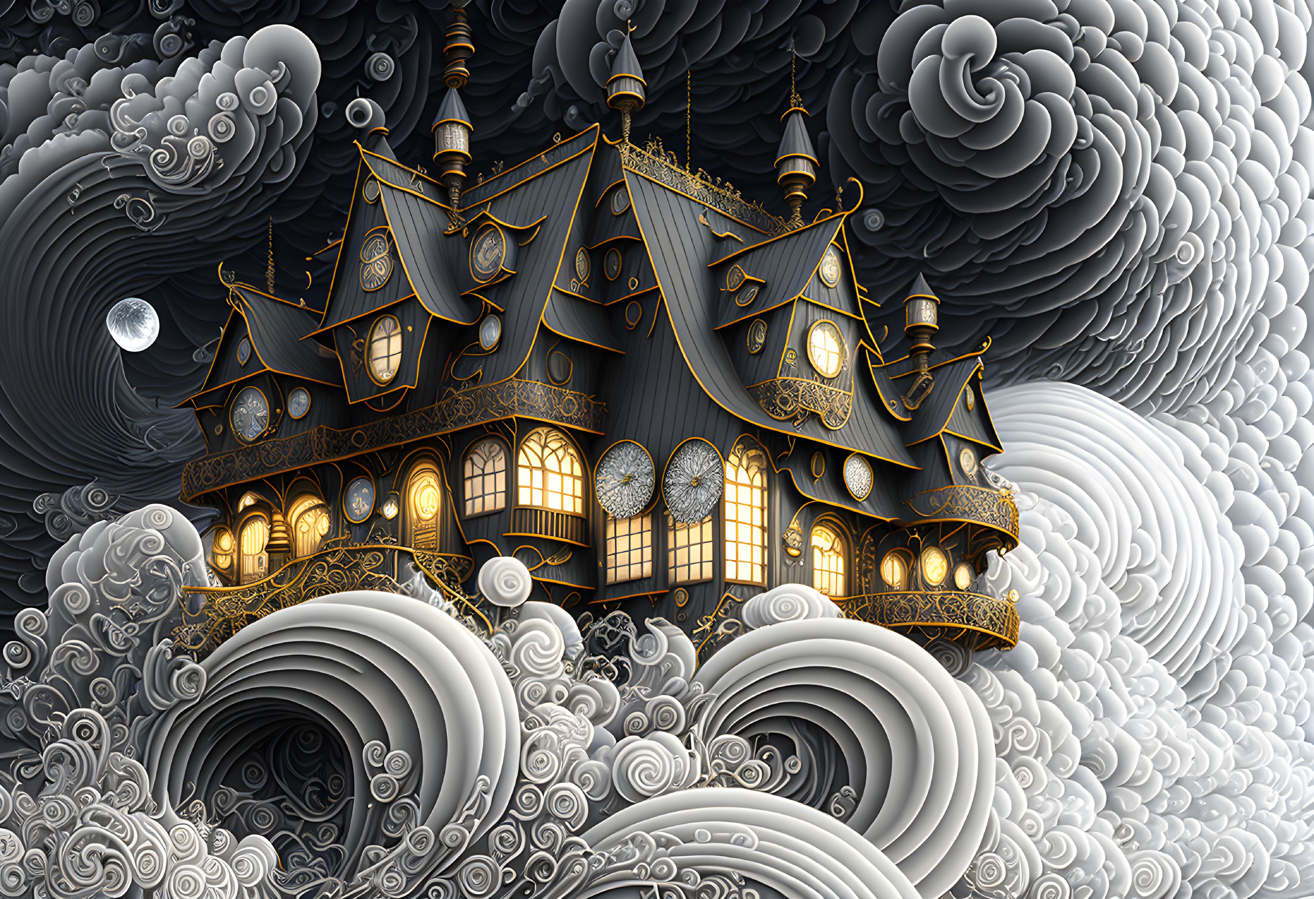 Ornate floating house with glowing windows in night sky