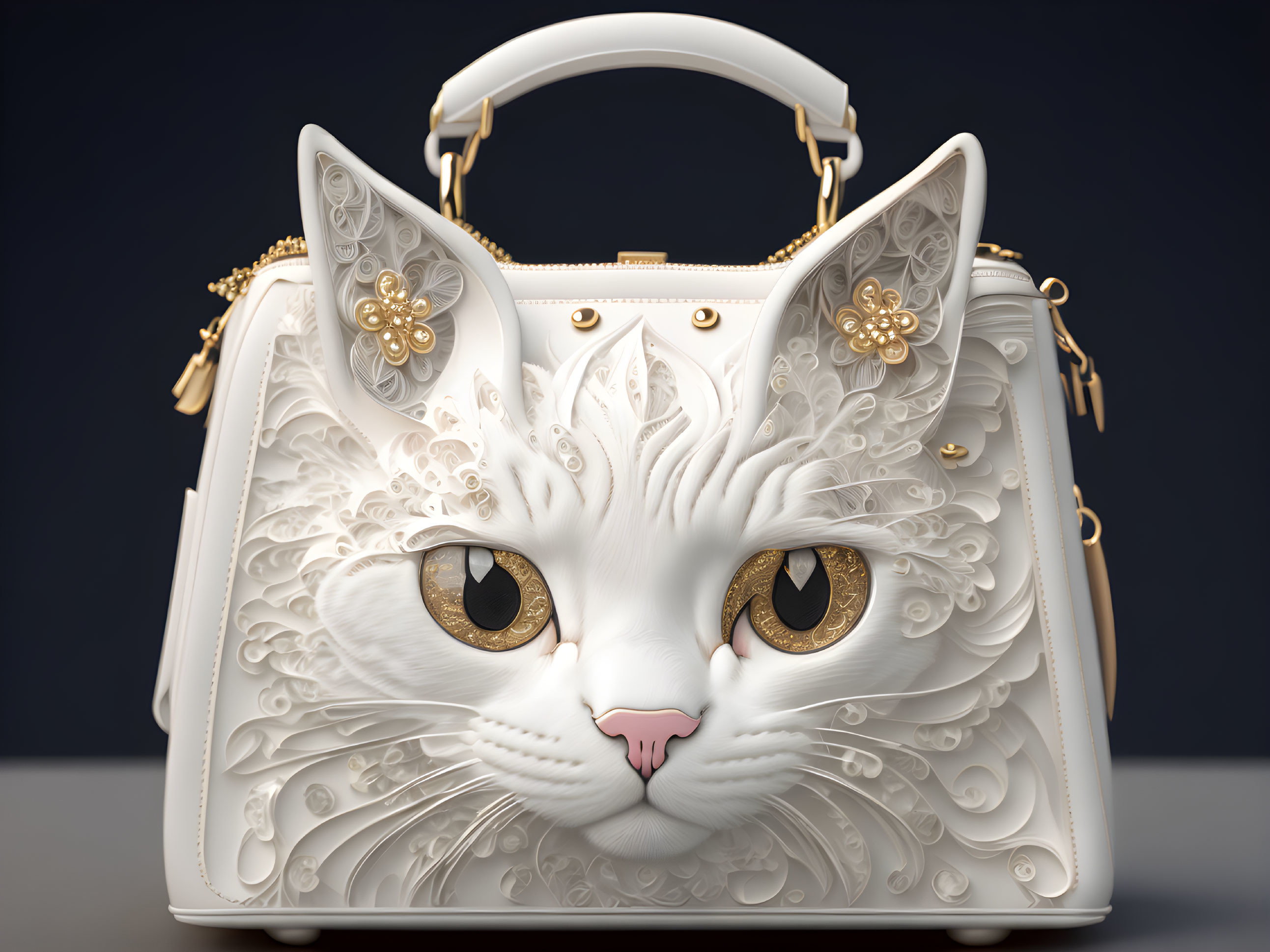 White Designer Handbag with Stylized Cat Face, Floral Patterns, and Gold Accents