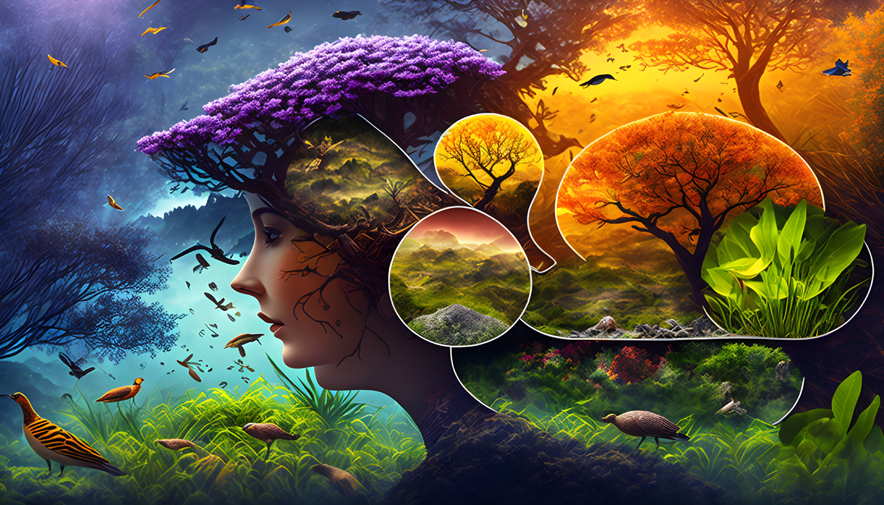 Digital artwork: Woman's profile merged with nature landscapes, flora, fauna, underwater and terrestrial ecosystems in