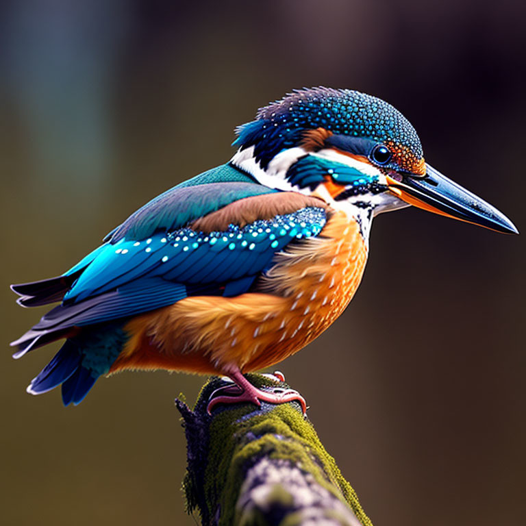 Colorful kingfisher bird with blue and orange plumage on mossy branch.