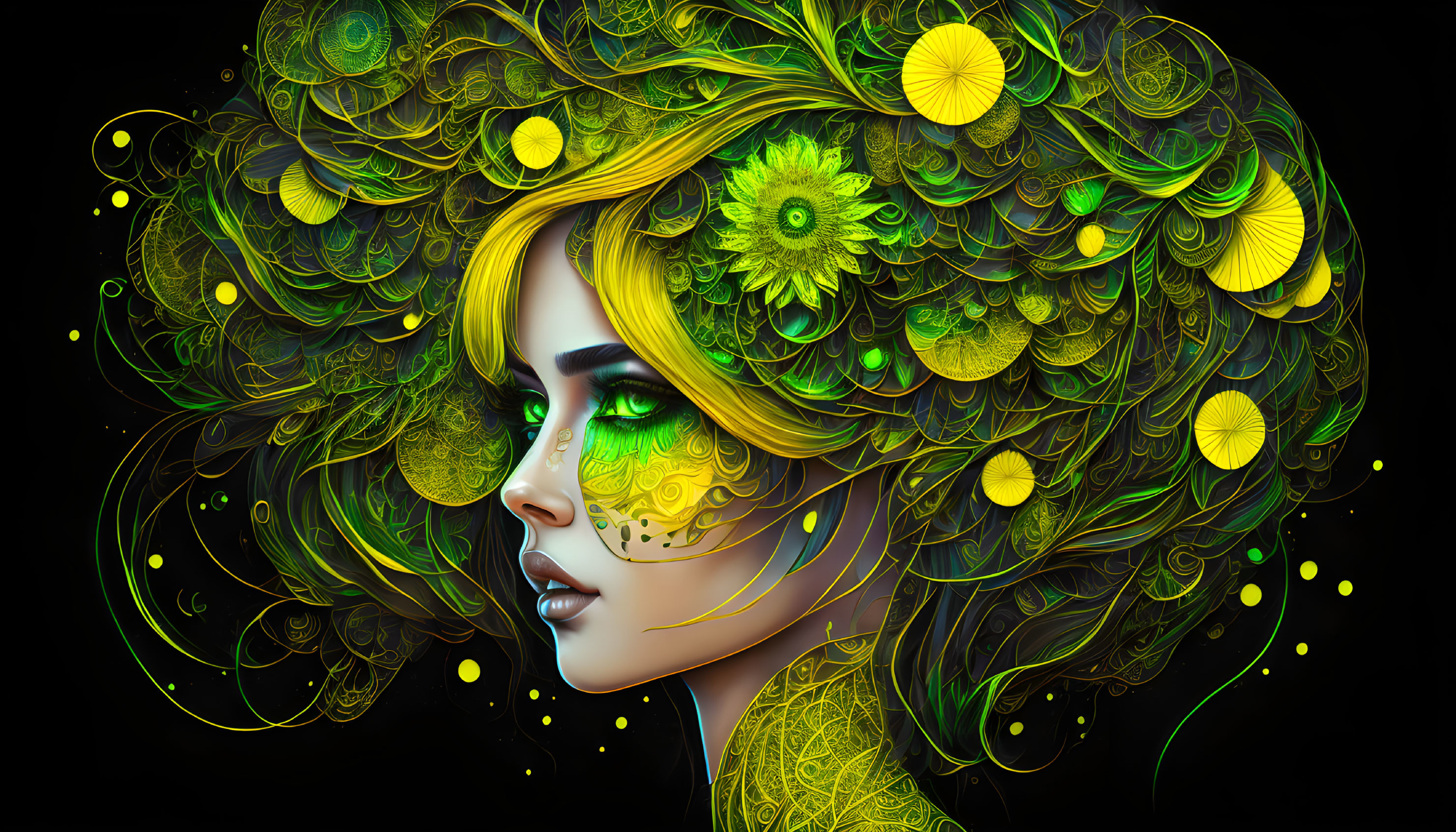 Colorful digital artwork: Woman with peacock feather hair, greenery, lemon-yellow details on black