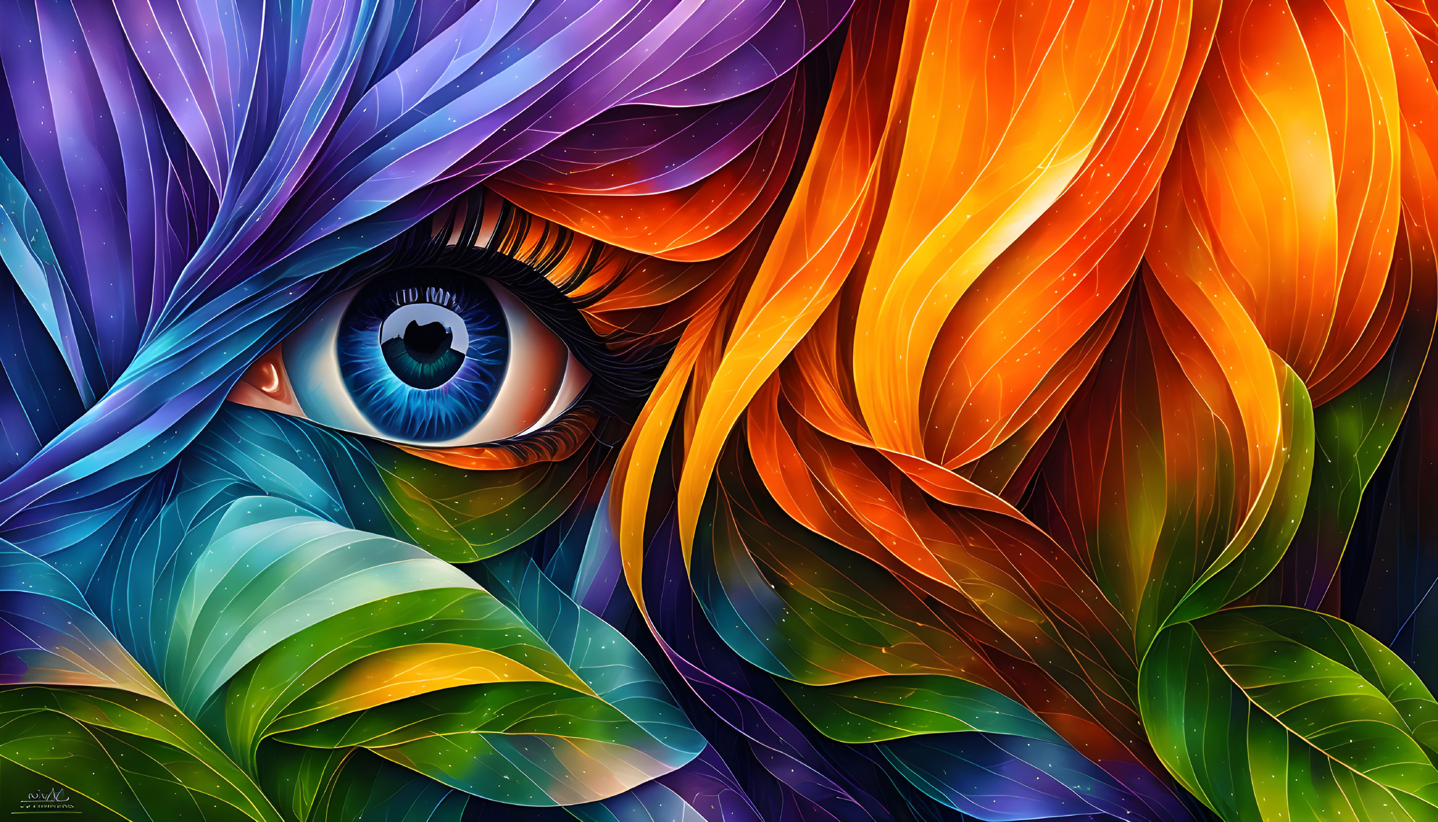 Colorful artwork: Blue eye with stylized feathers in blue, purple, orange, green