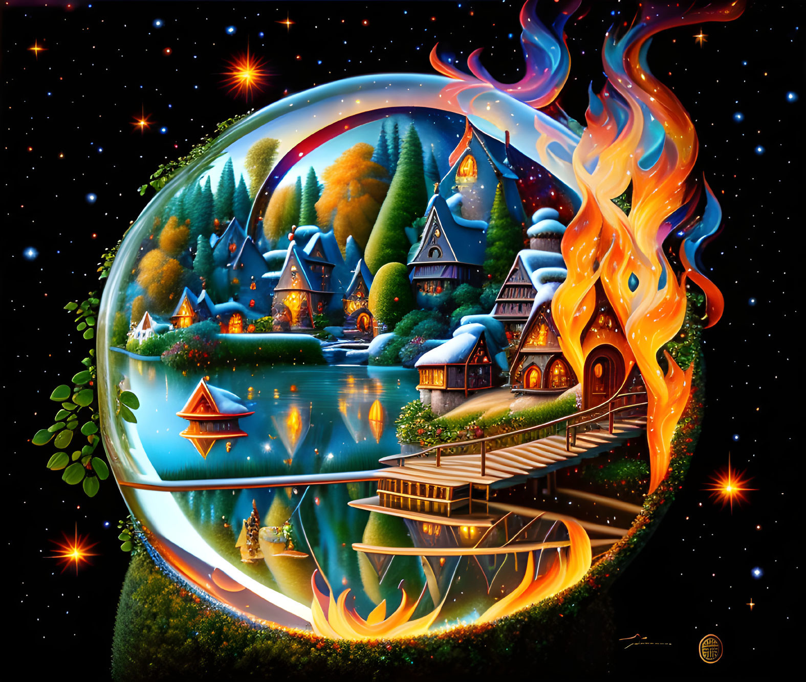 Whimsical village scene in hourglass with stars and flaming top