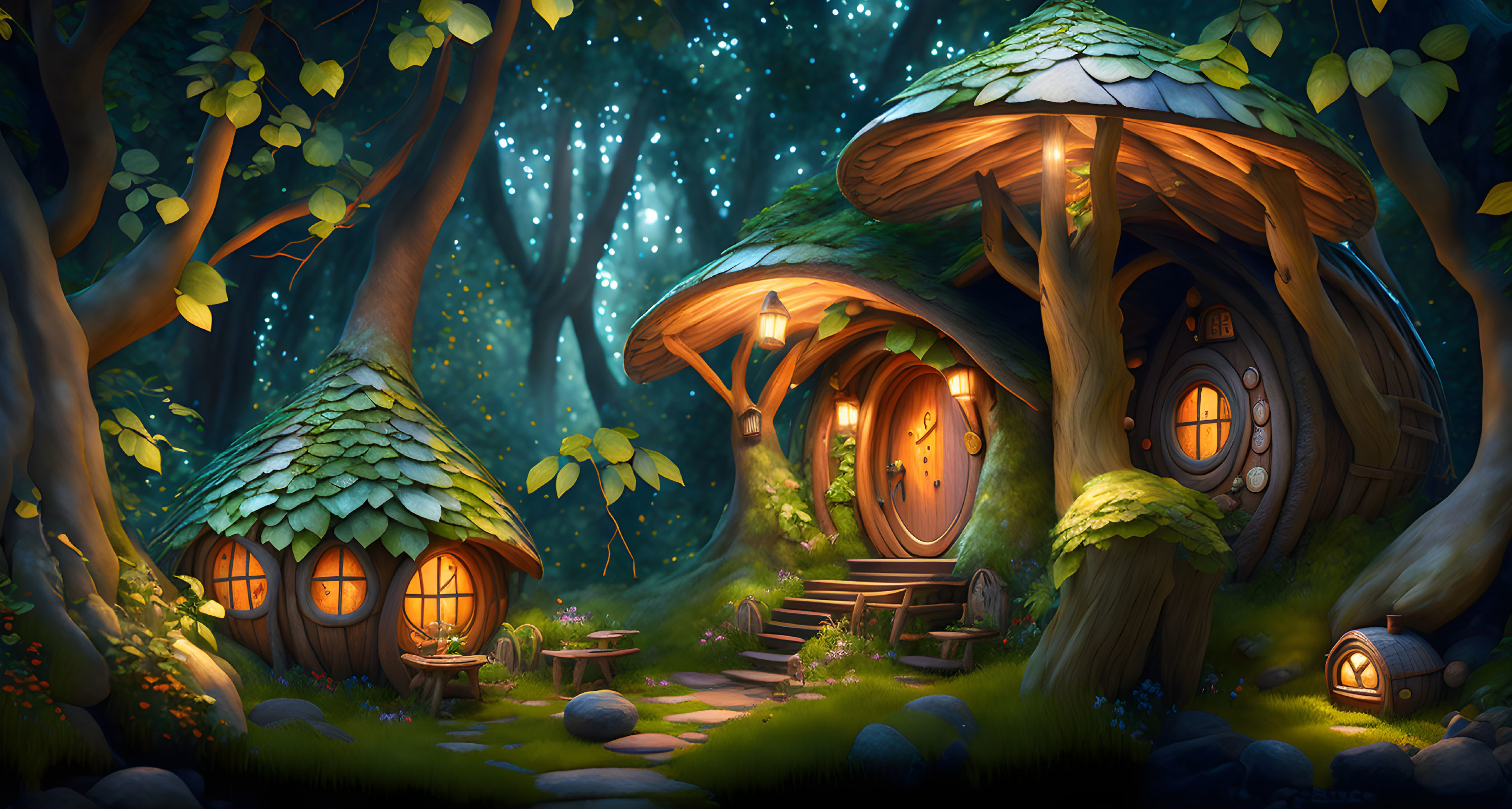 Whimsical nighttime forest with mushroom houses & starry sky