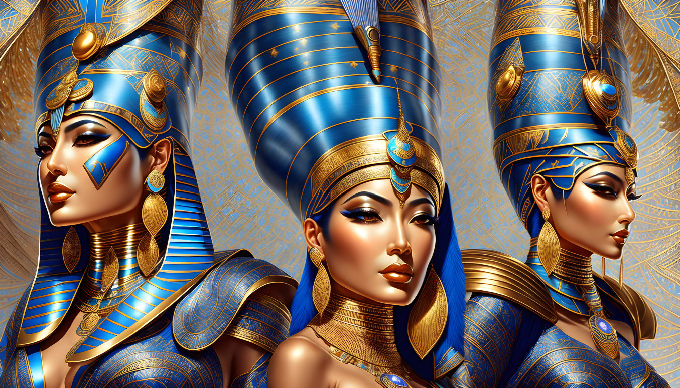 Stylized women in regal Egyptian headdresses and jewelry, gold and blue colors.