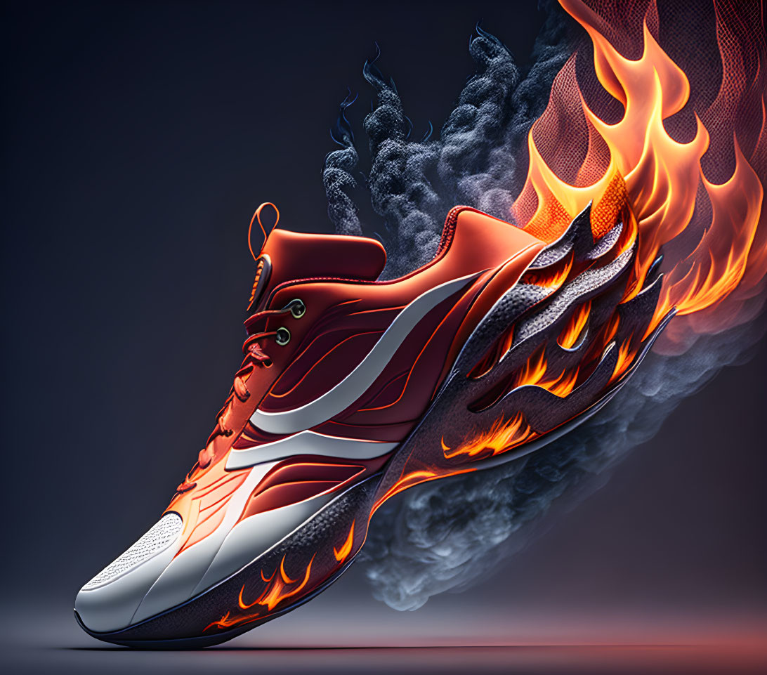 Illustration of a sneaker with fiery flames on purple gradient background.