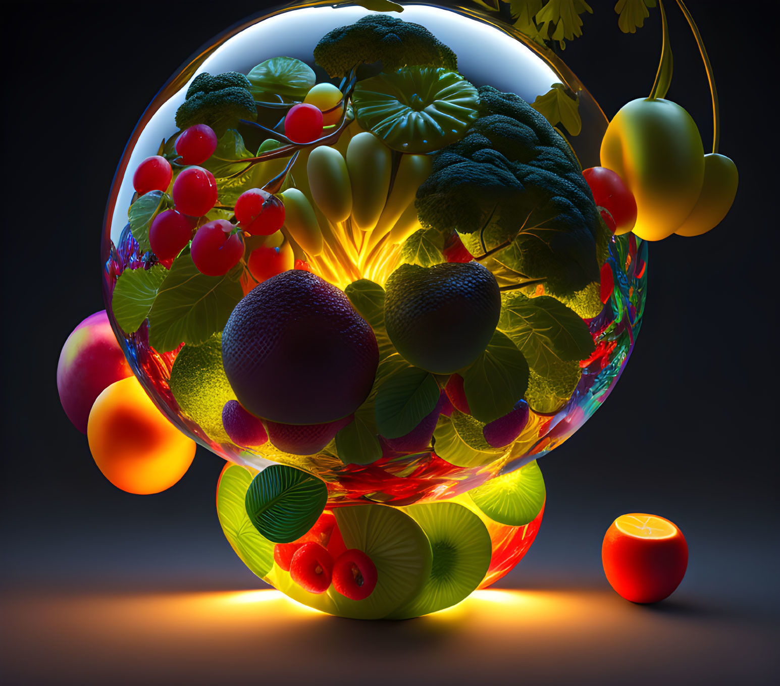 Assorted fruits and vegetables in glowing orb on dark background