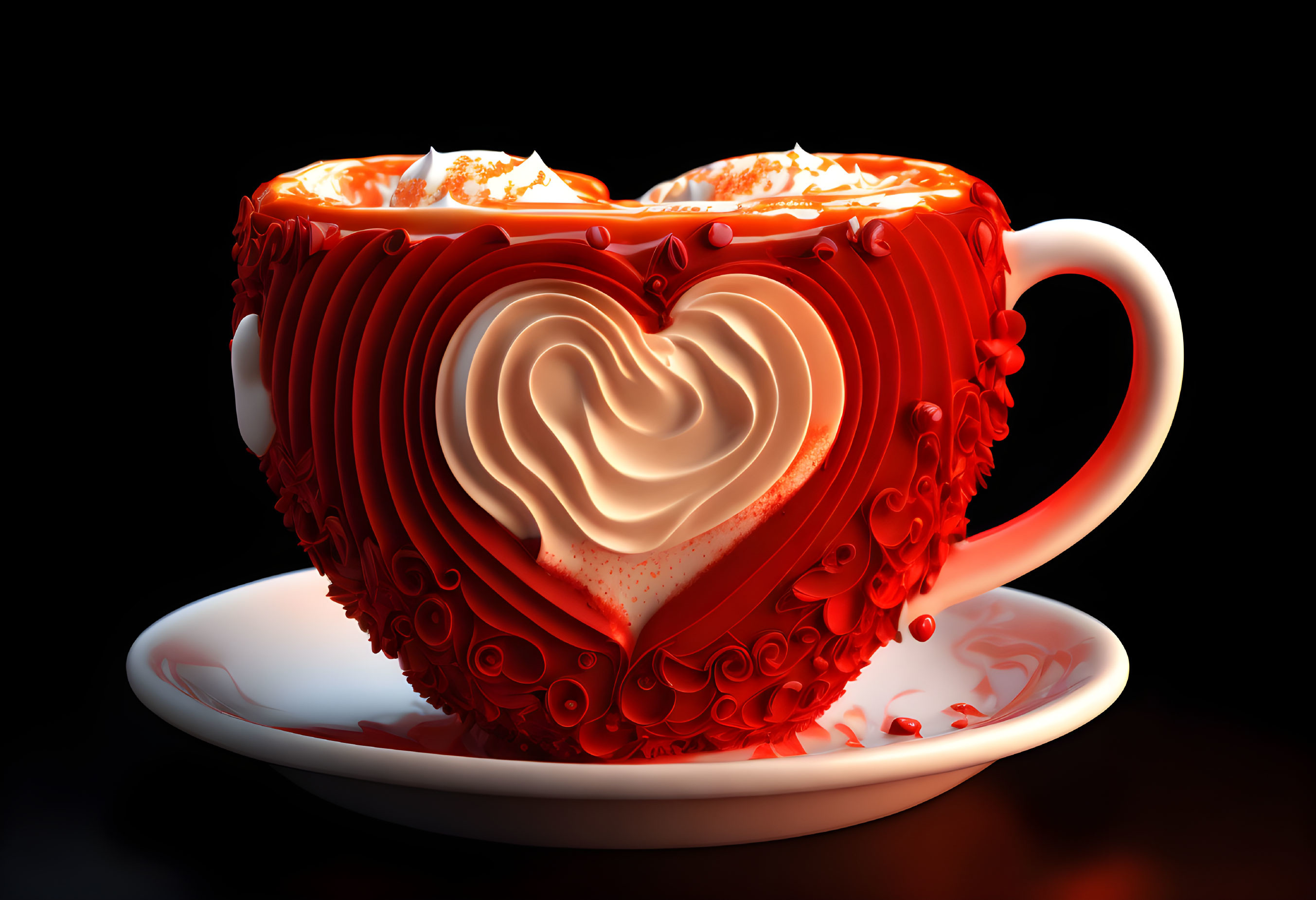 Red Heart-Shaped Cup with Creamy Beverage and Heart Design on Saucer