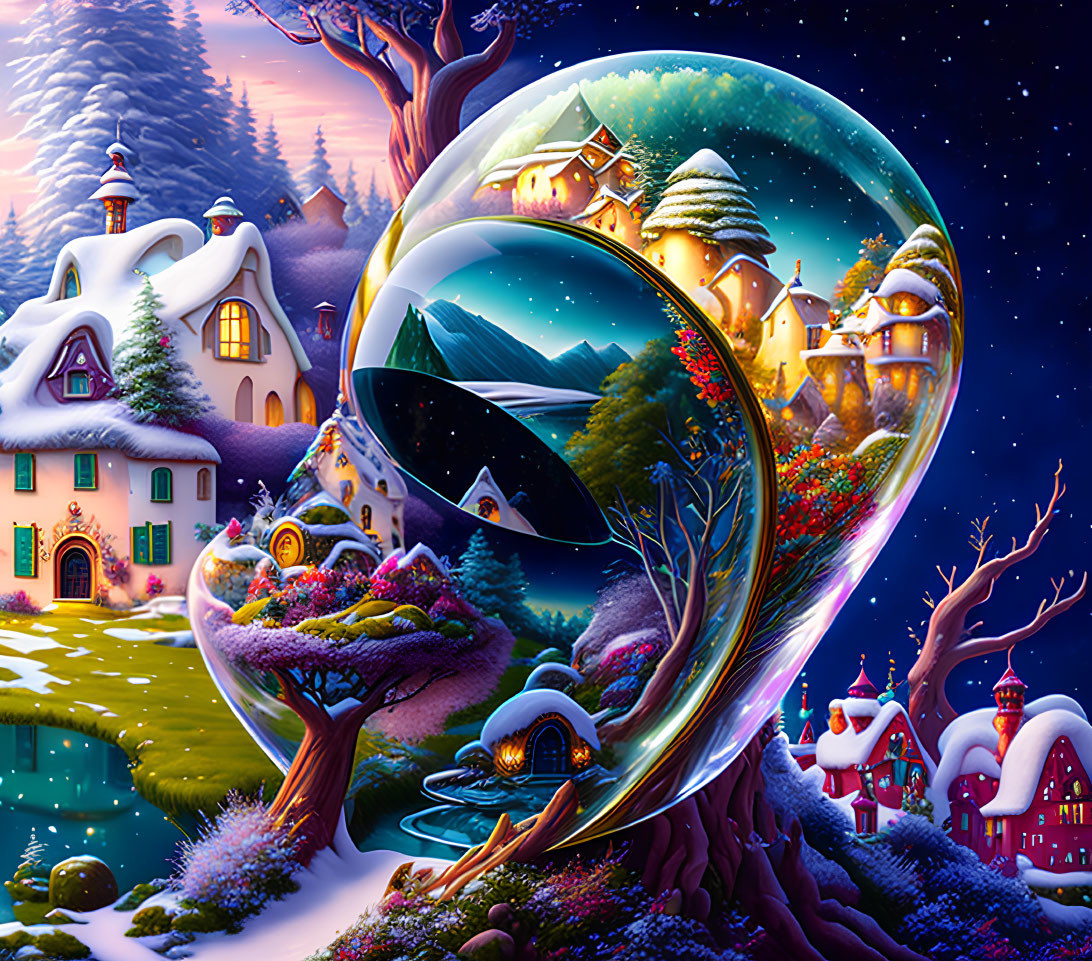 Snow-covered village, transparent sphere, and starry night sky in whimsical scene