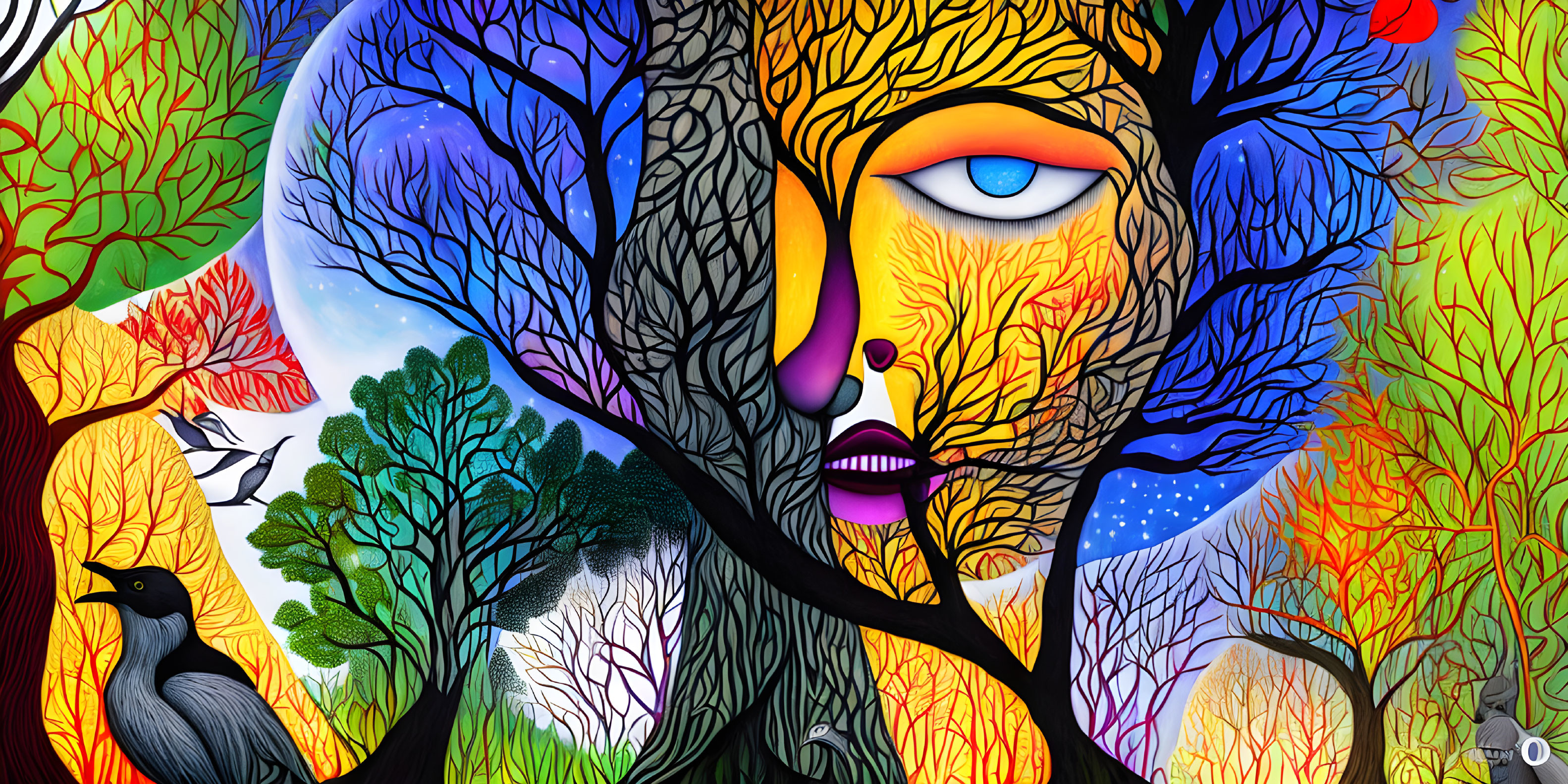 Colorful surrealist artwork: face merges with whimsical trees and birds