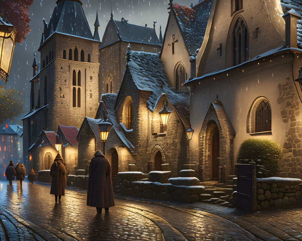 Snowy night scene with lantern-lit old-world street and medieval architecture