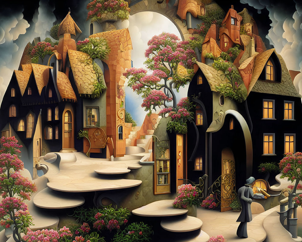 Curved, whimsical fairytale village with blooming trees and character in cloak