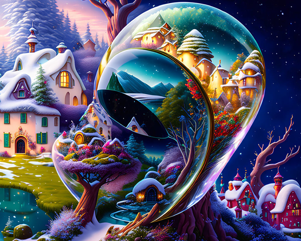 Snow-covered village, transparent sphere, and starry night sky in whimsical scene
