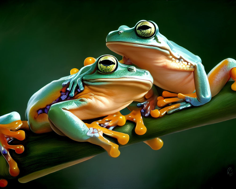 Colorful, detailed frogs on branch against dark green background