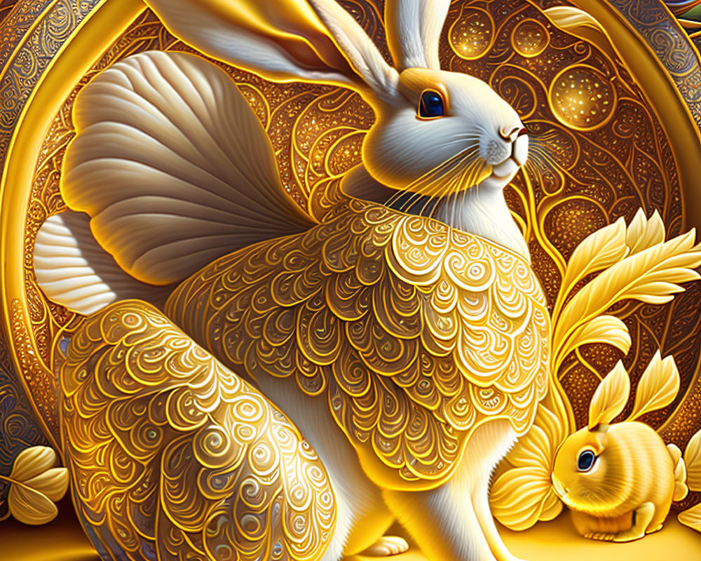 Intricate golden rabbit with stylized foliage on patterned background