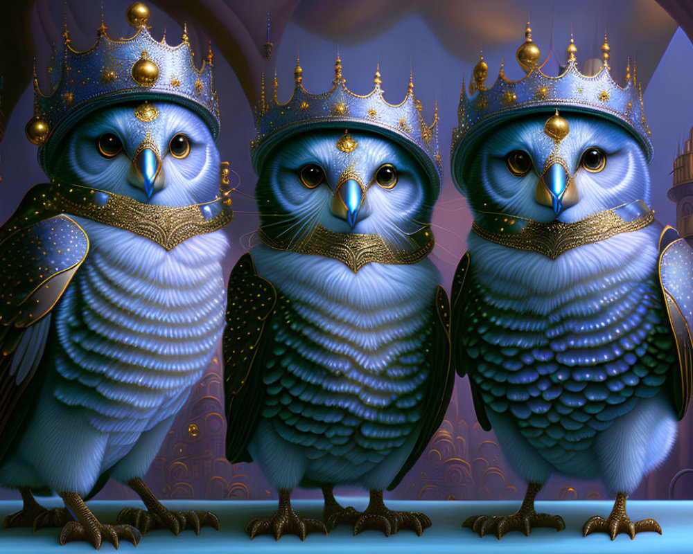 Three regal owls with golden crowns and ornate necklaces in front of a fantasy castle