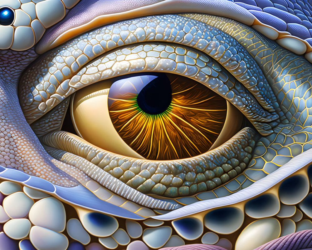 Detailed surreal digital artwork: eye with reptile-like skin textures