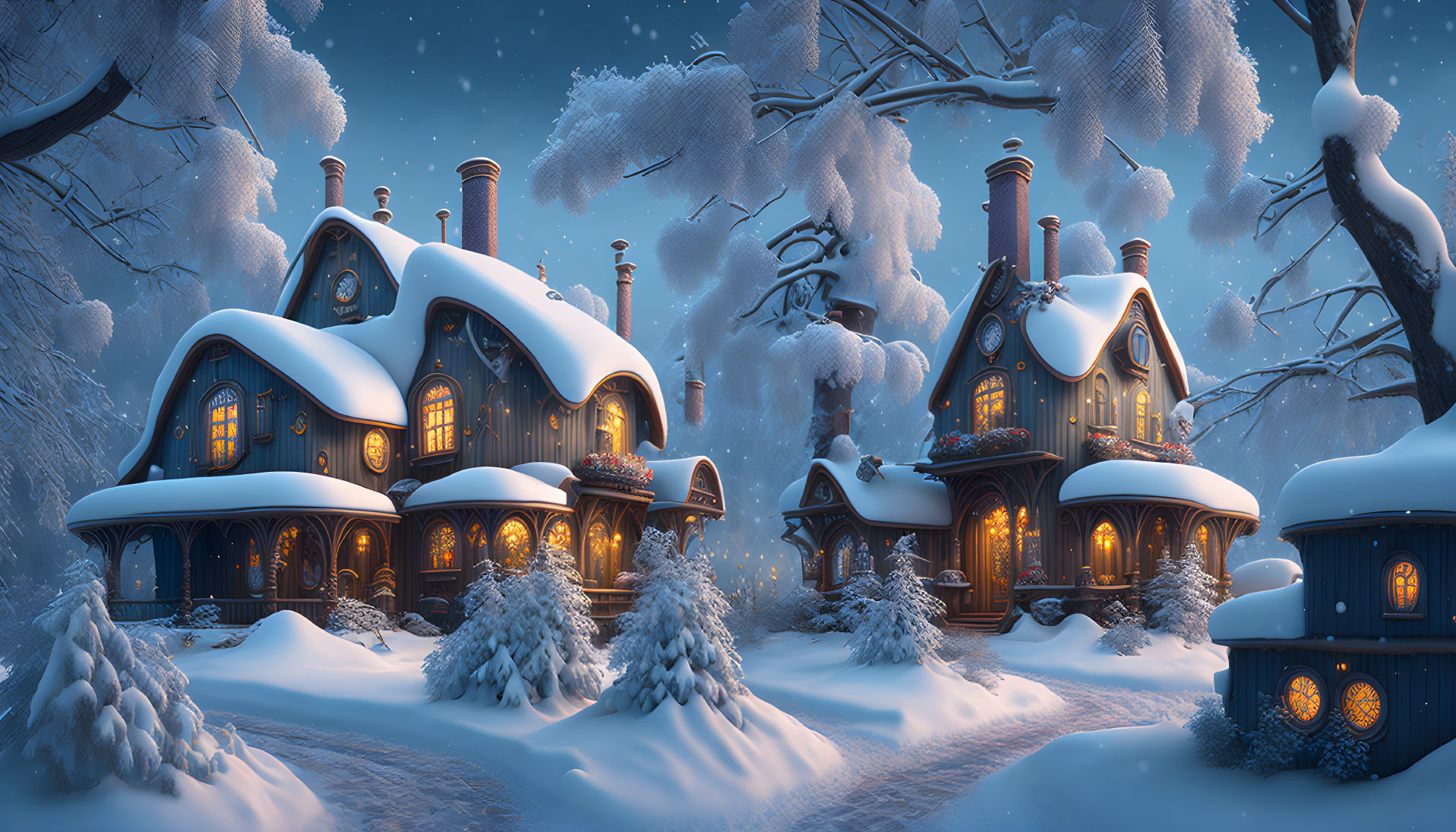 Winter Scene: Whimsical Cottages in Snowy Forest at Twilight