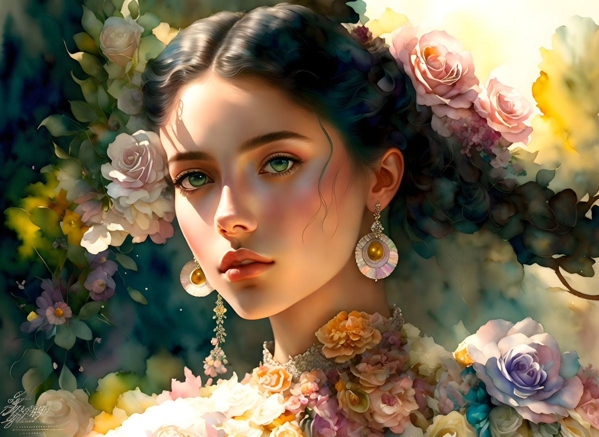 Detailed portrait of a woman with green eyes and curly hair amidst lush flowers