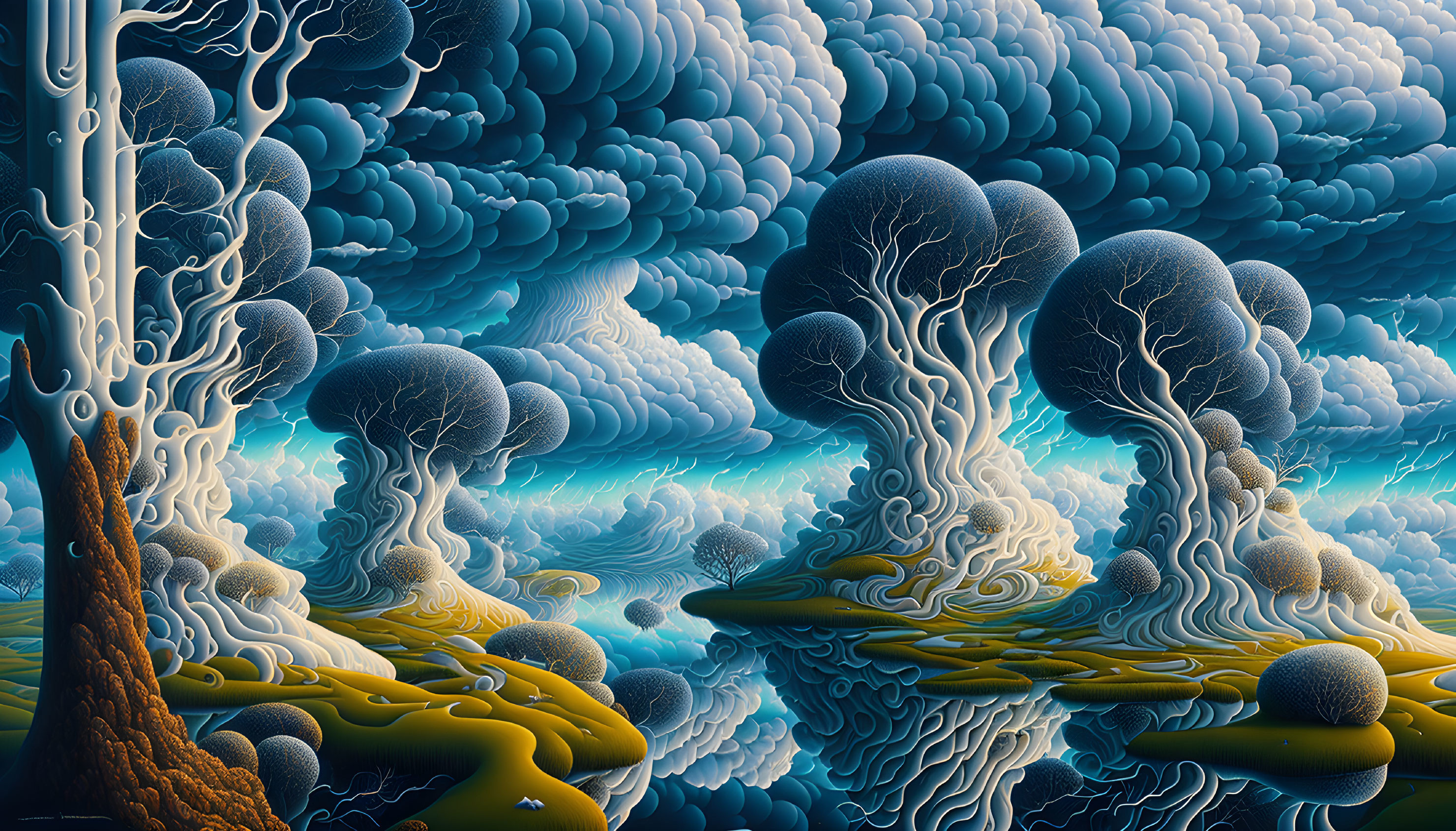 Surreal landscape with stylized trees and swirling blue & yellow palette