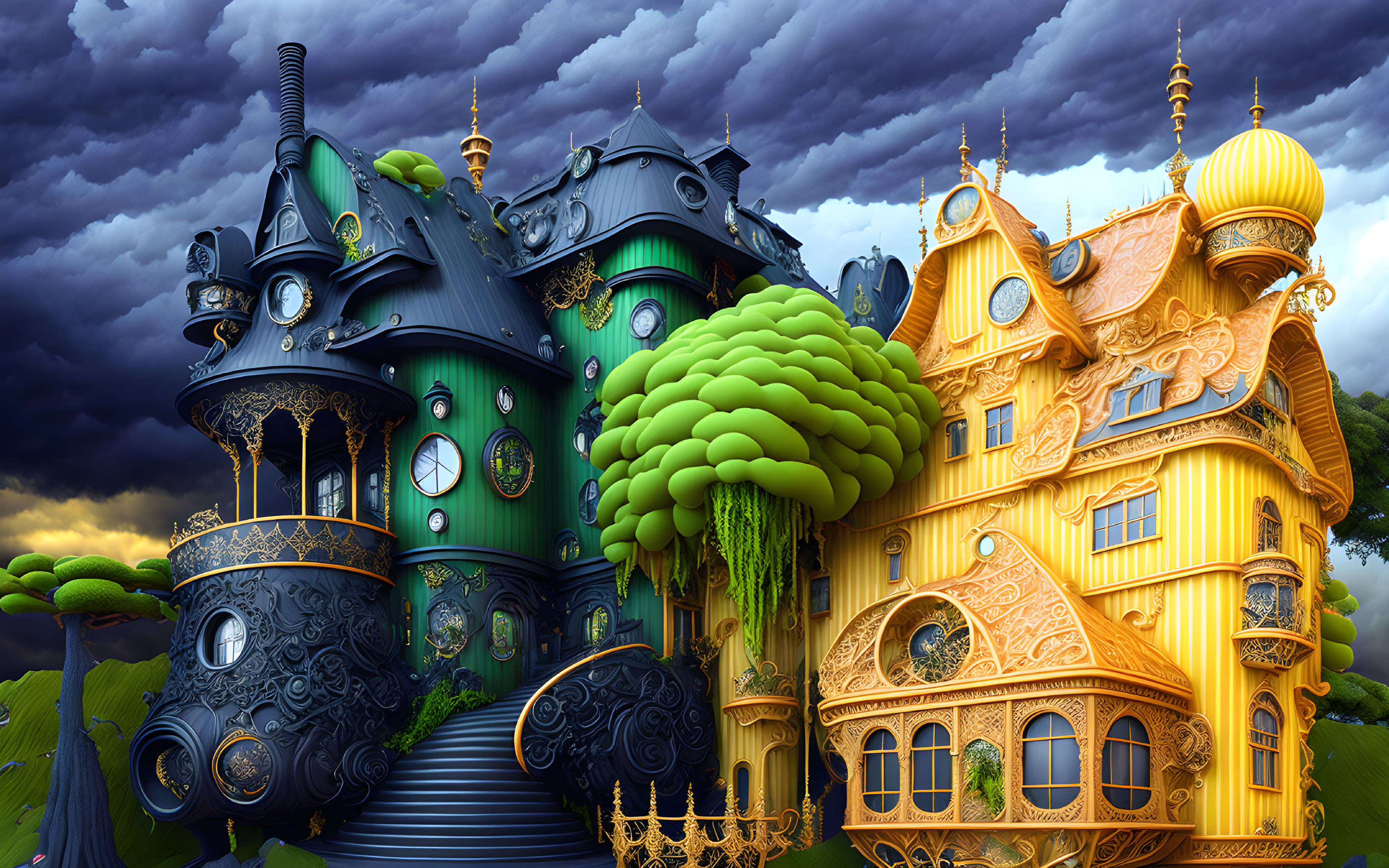 Colorful Whimsical Houses in Fantasy Landscape Under Cloudy Sky