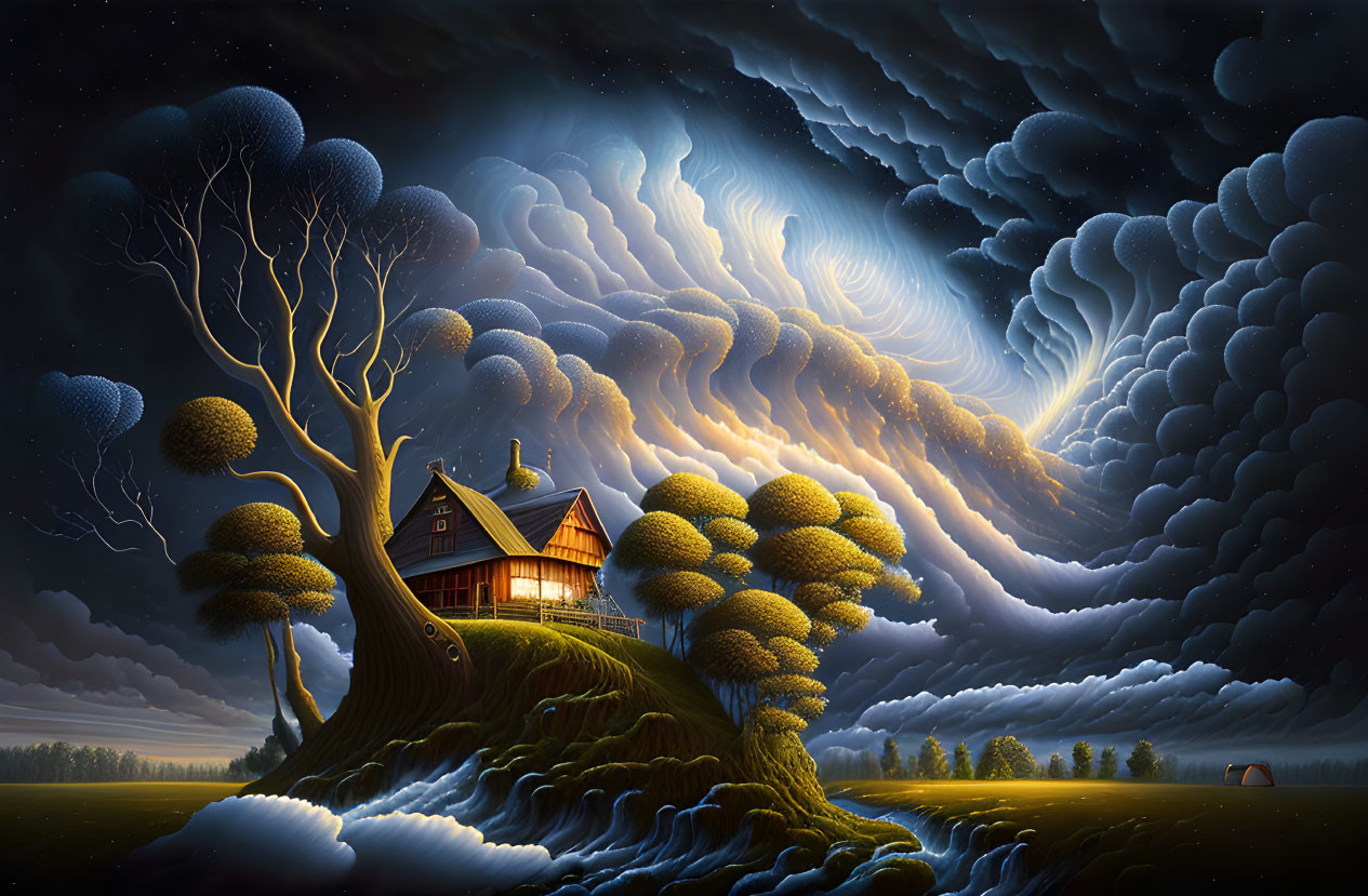 Surreal landscape featuring house on tree under swirling sky.