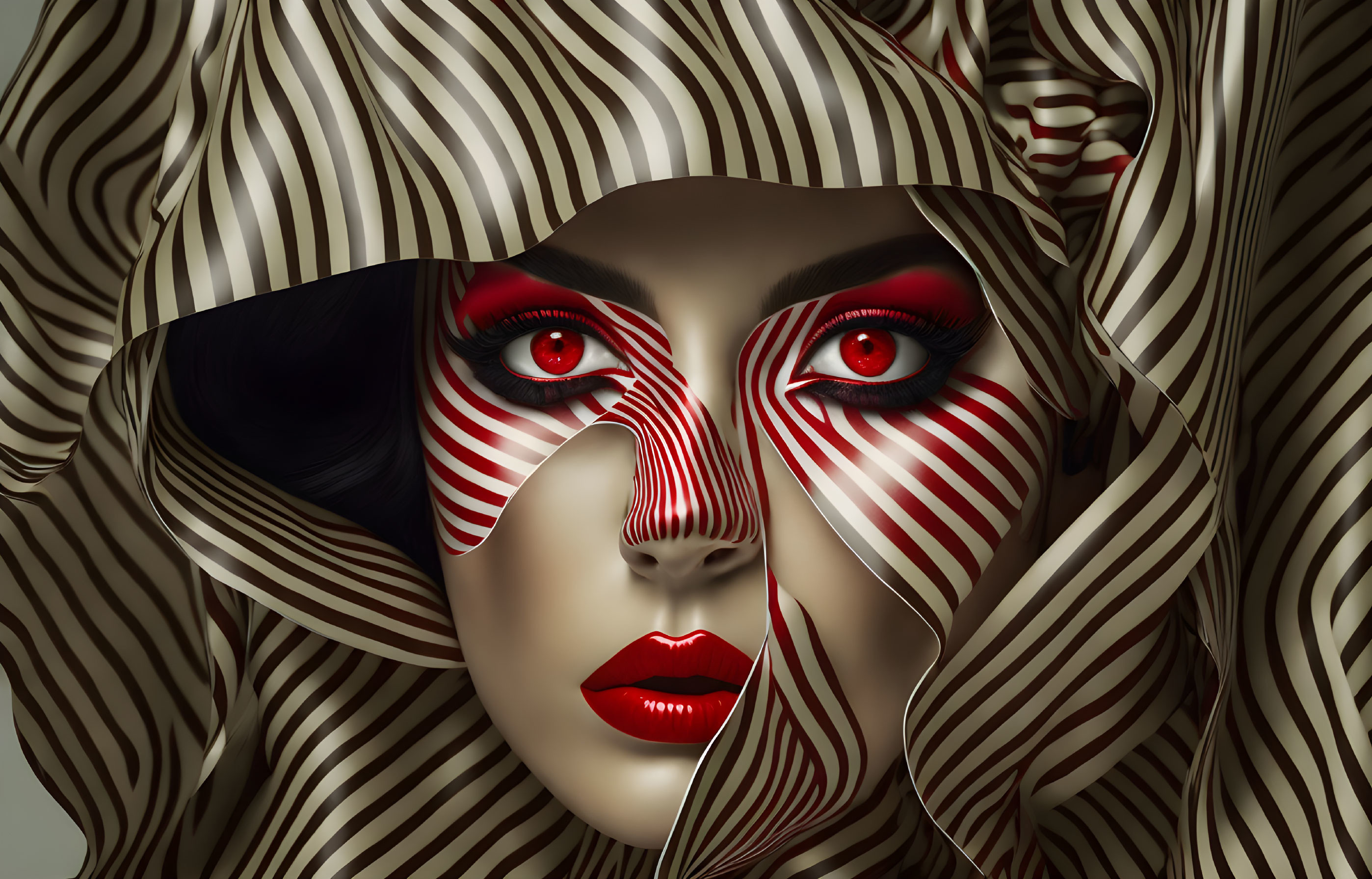 Surreal portrait of woman with red eyes and striped patterns