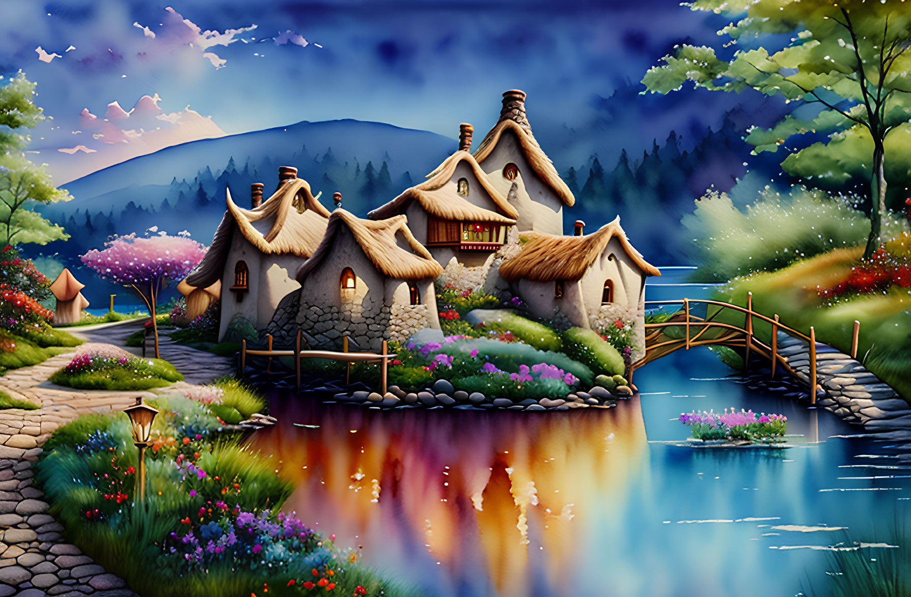 Whimsical fairytale village illustration with river, bridge, and twilight sky