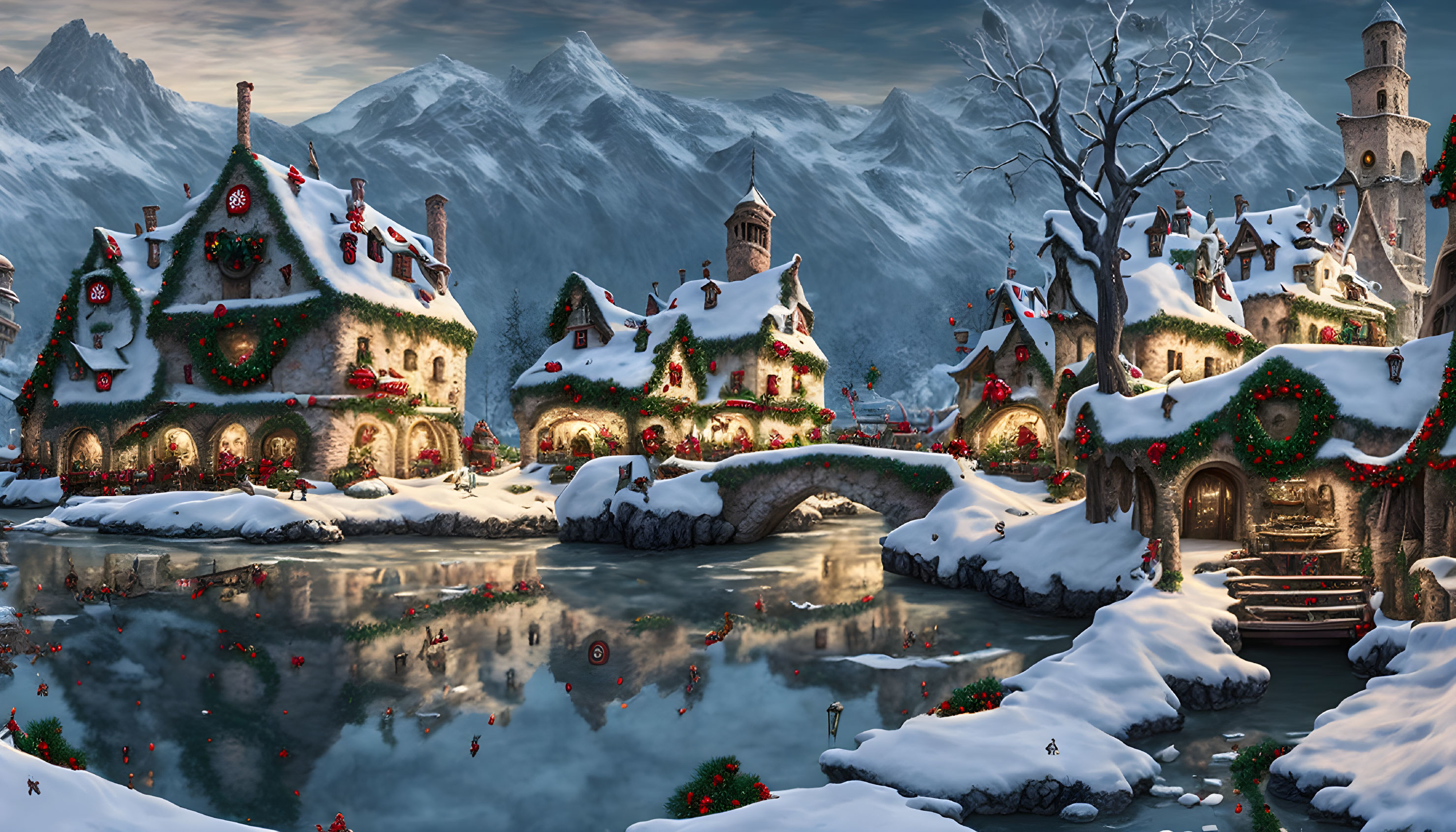 Snow-covered village with Christmas decorations, stone bridge, frozen river, mountains