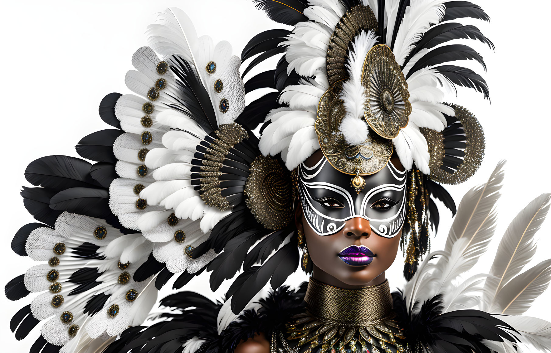 Detailed Digital Art Portrait of Woman with Black & White Feather Headdress