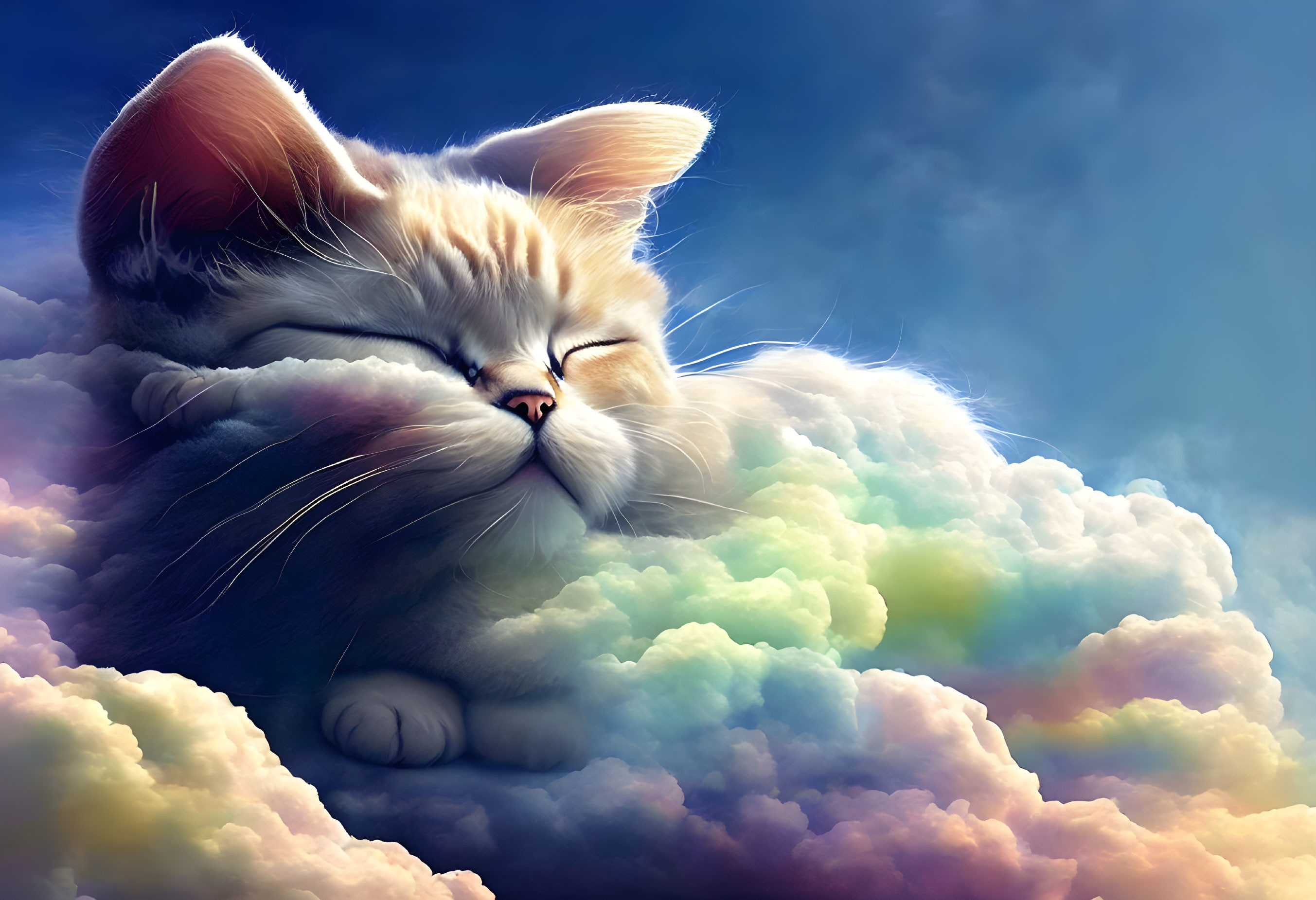 Fluffy kitten sleeping on colorful clouds in blue sky