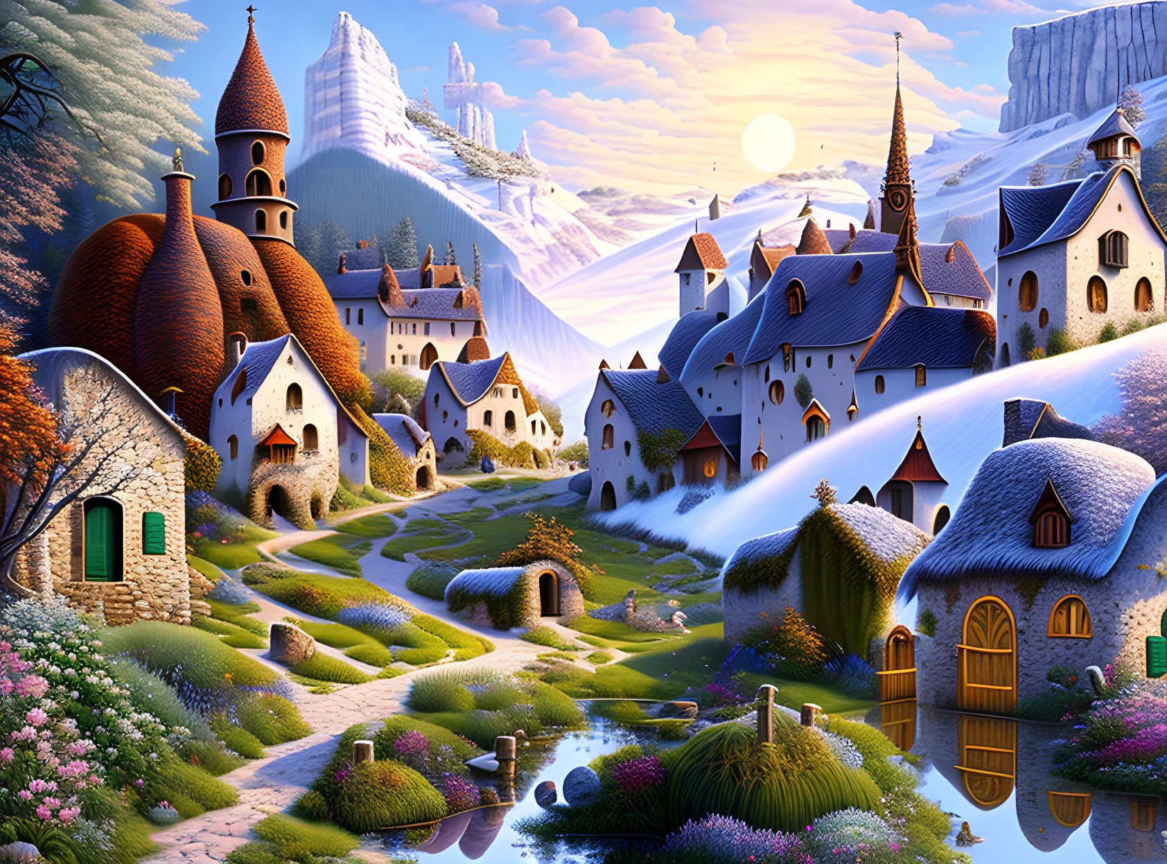 Fantasy village with whimsical cottages, river, mountains at sunset